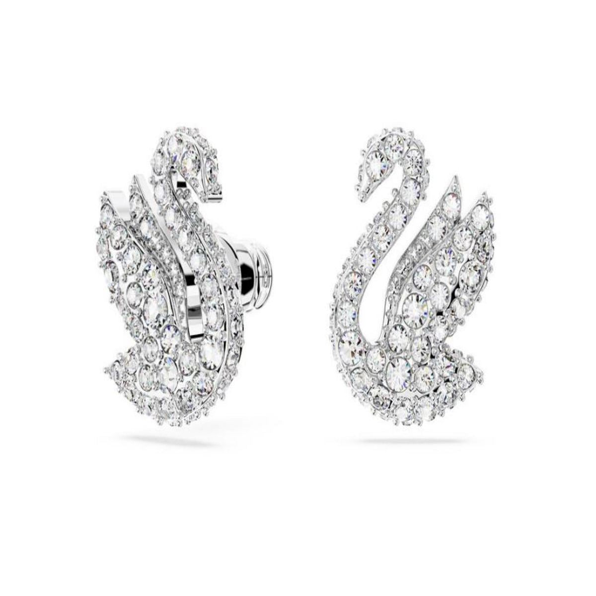 Swarovski Iconic Swan XXS earrings in clear crystal with silver-tone metal accents, showcasing elegant, sparkling jewelry design.