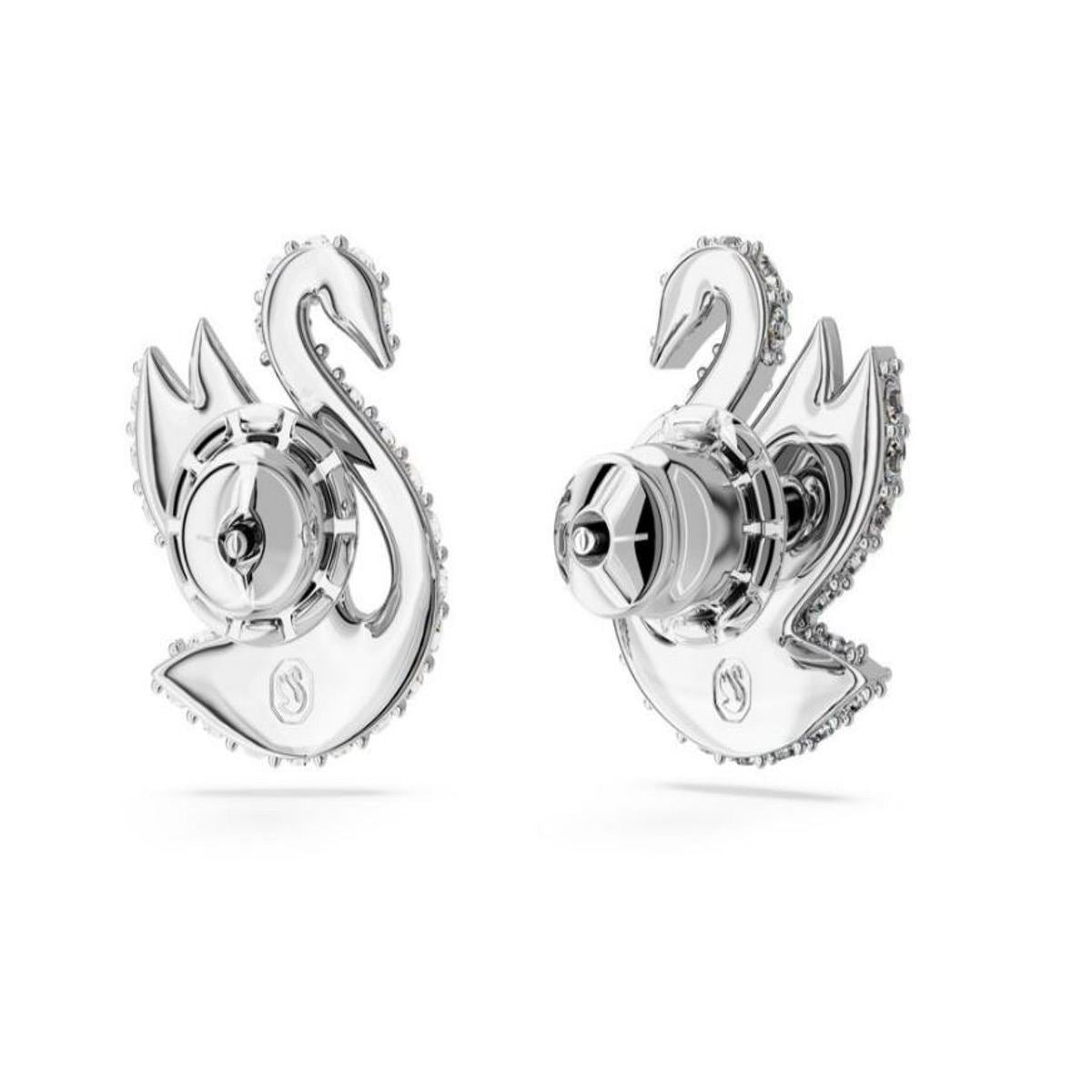 Swarovski Iconic Swan XXS earrings with clear crystal rhinestones and silver-tone metal setting, showcasing elegant jewelry design