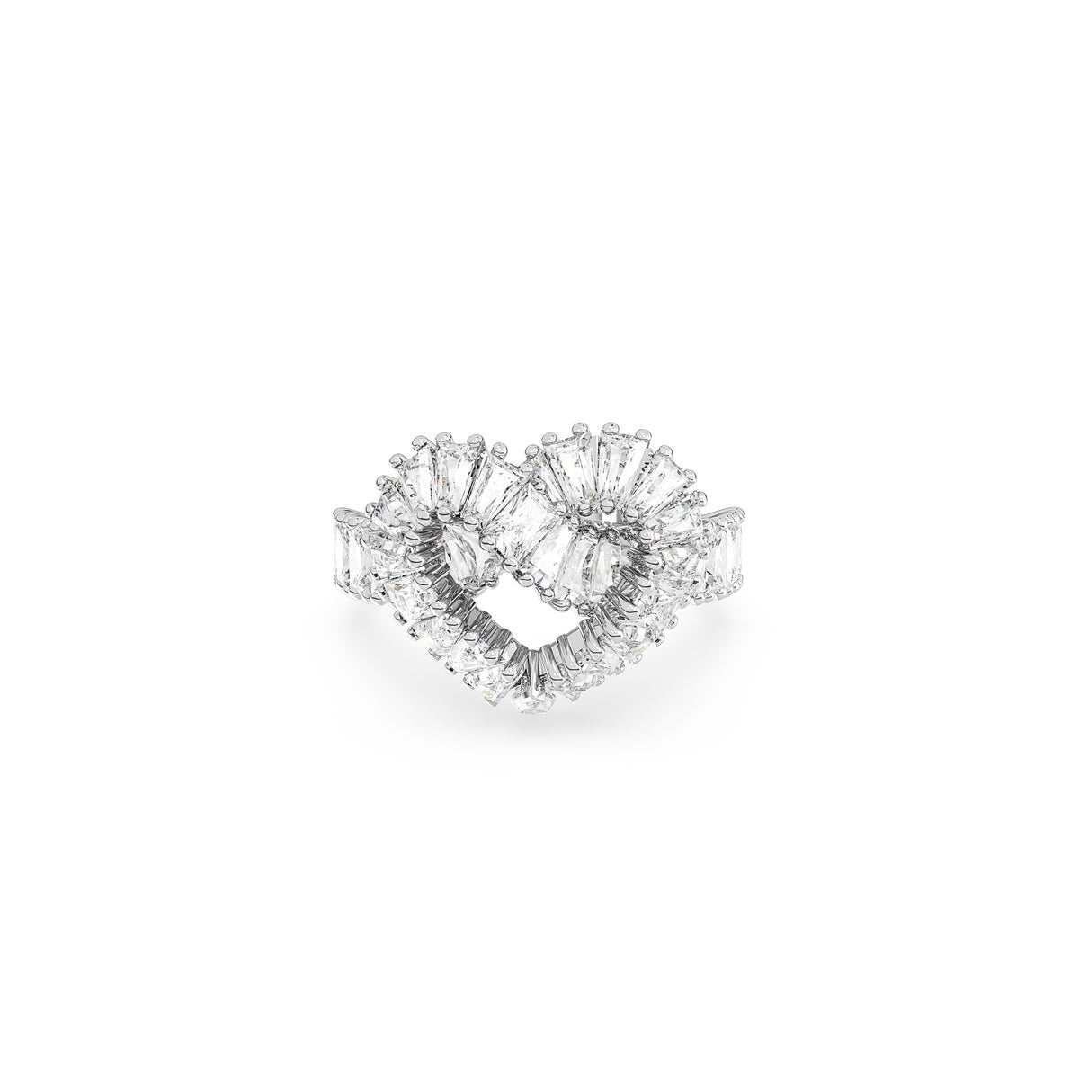 Swarovski Matrix ring with mixed cut hearts in white crystals, rhodium plated, showcasing intricate jewelry design.