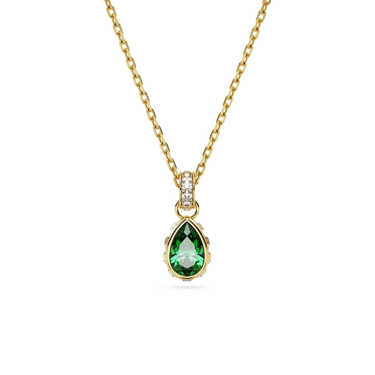 Swarovski Chroma pendant with pear-cut green crystal, gold-tone plated jewelry piece, showcasing elegant gemstone design.