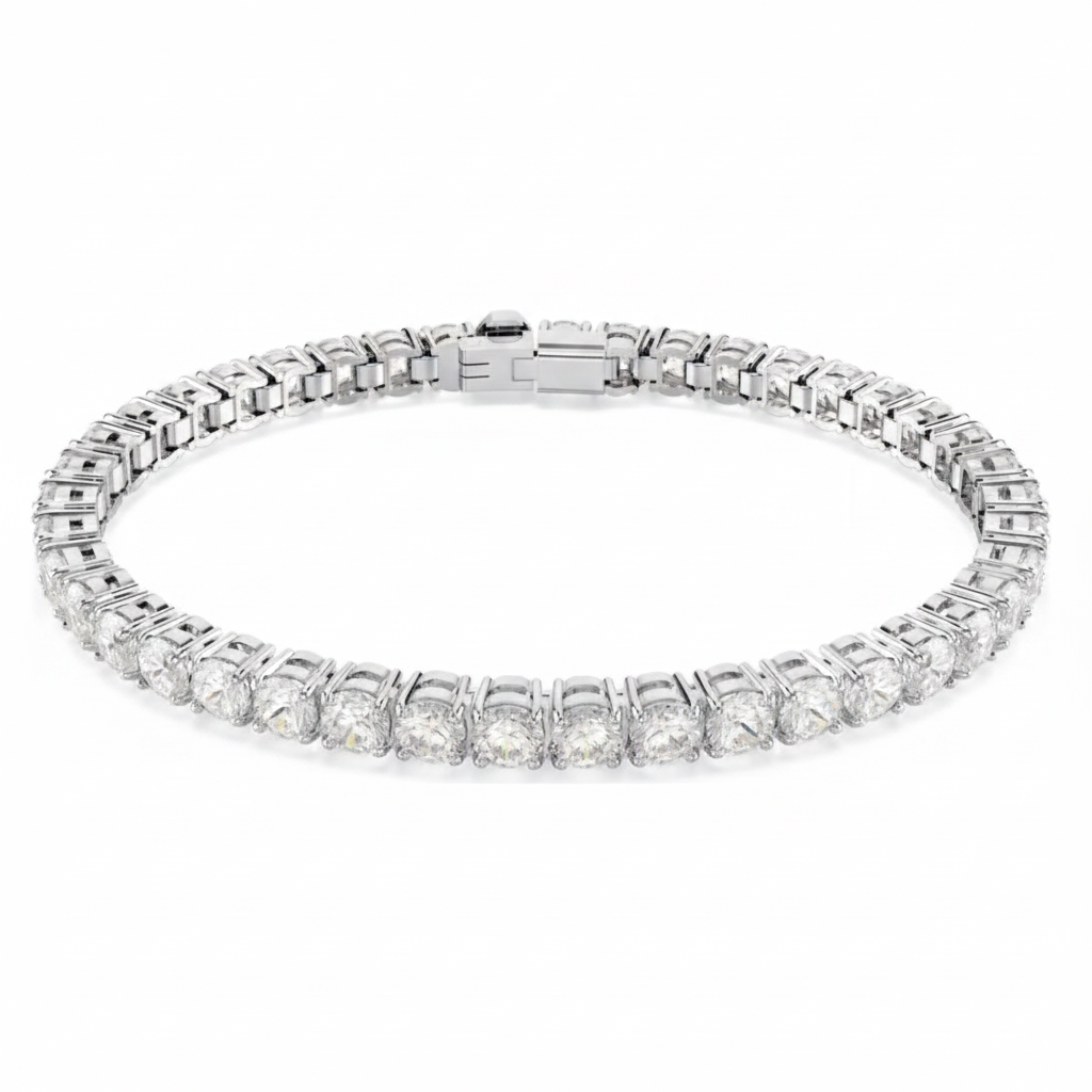 Swarovski Matrix tennis bracelet with round-cut white crystals and rhodium plating, elegant jewelry accessory.