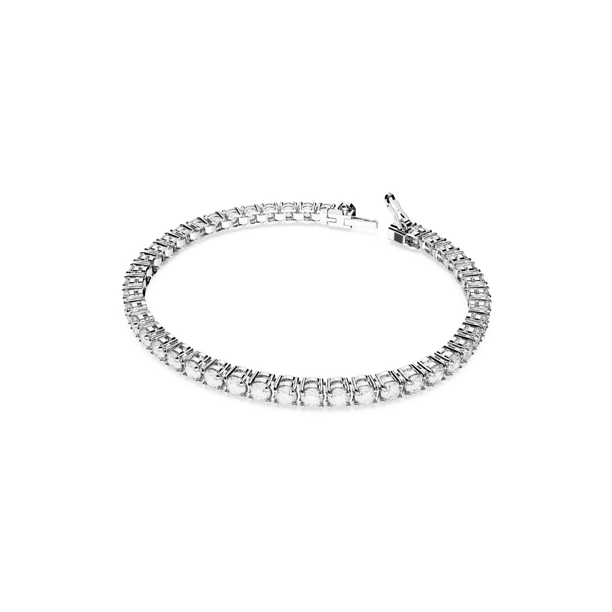 Swarovski Matrix tennis bracelet with round cut white crystals, rhodium plated, showcasing elegant jewelry design