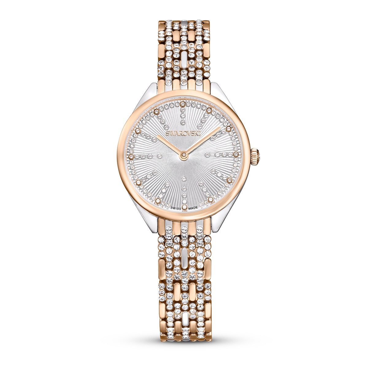 Swarovski Attract Swiss Made rose-plated watch with pavé crystal bracelet, elegant and luxurious timepiece with sparkling details.