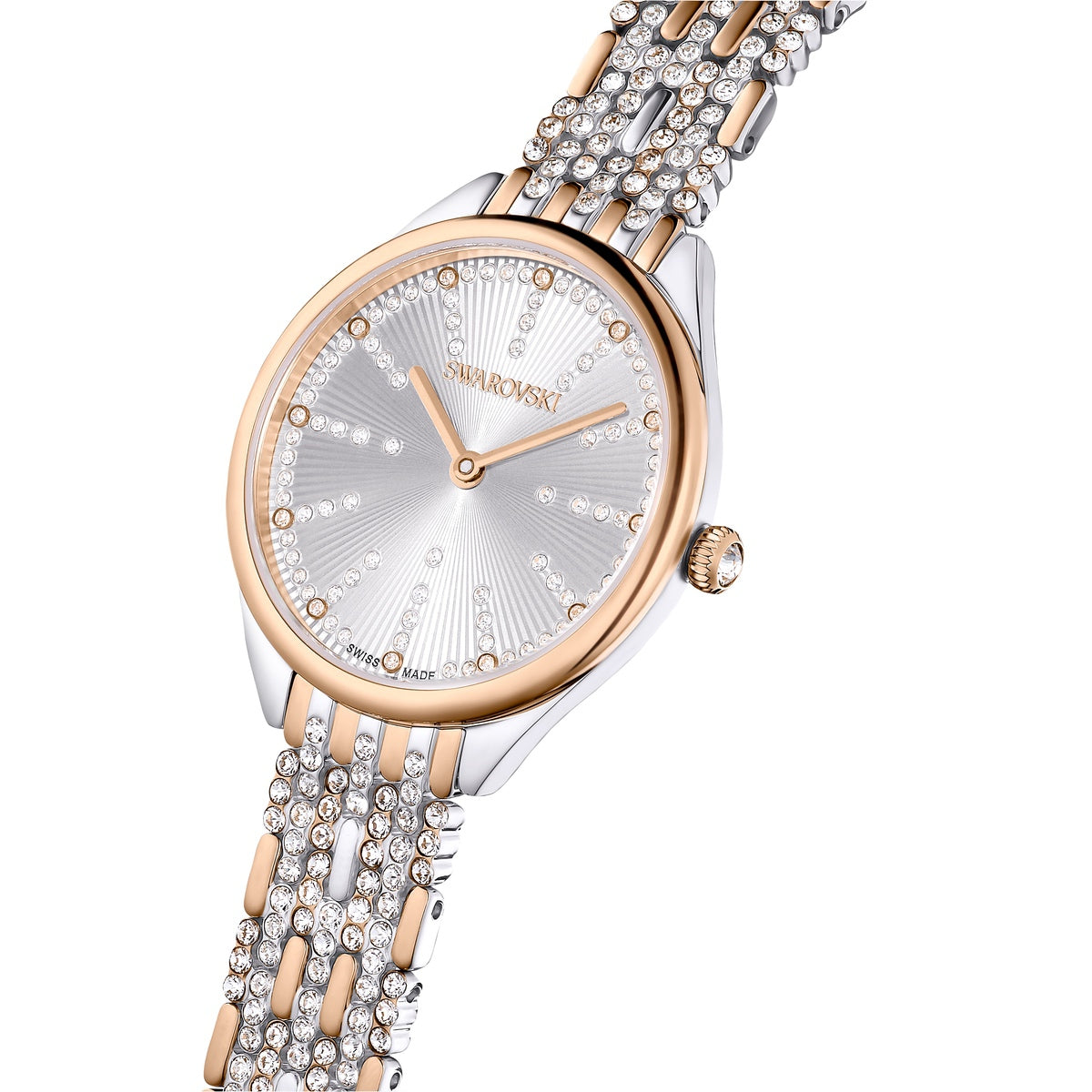 Swarovski Attract Swiss Made watch with rose plating, pavé crystal bracelet, featuring elegant design and sparkling crystal details.