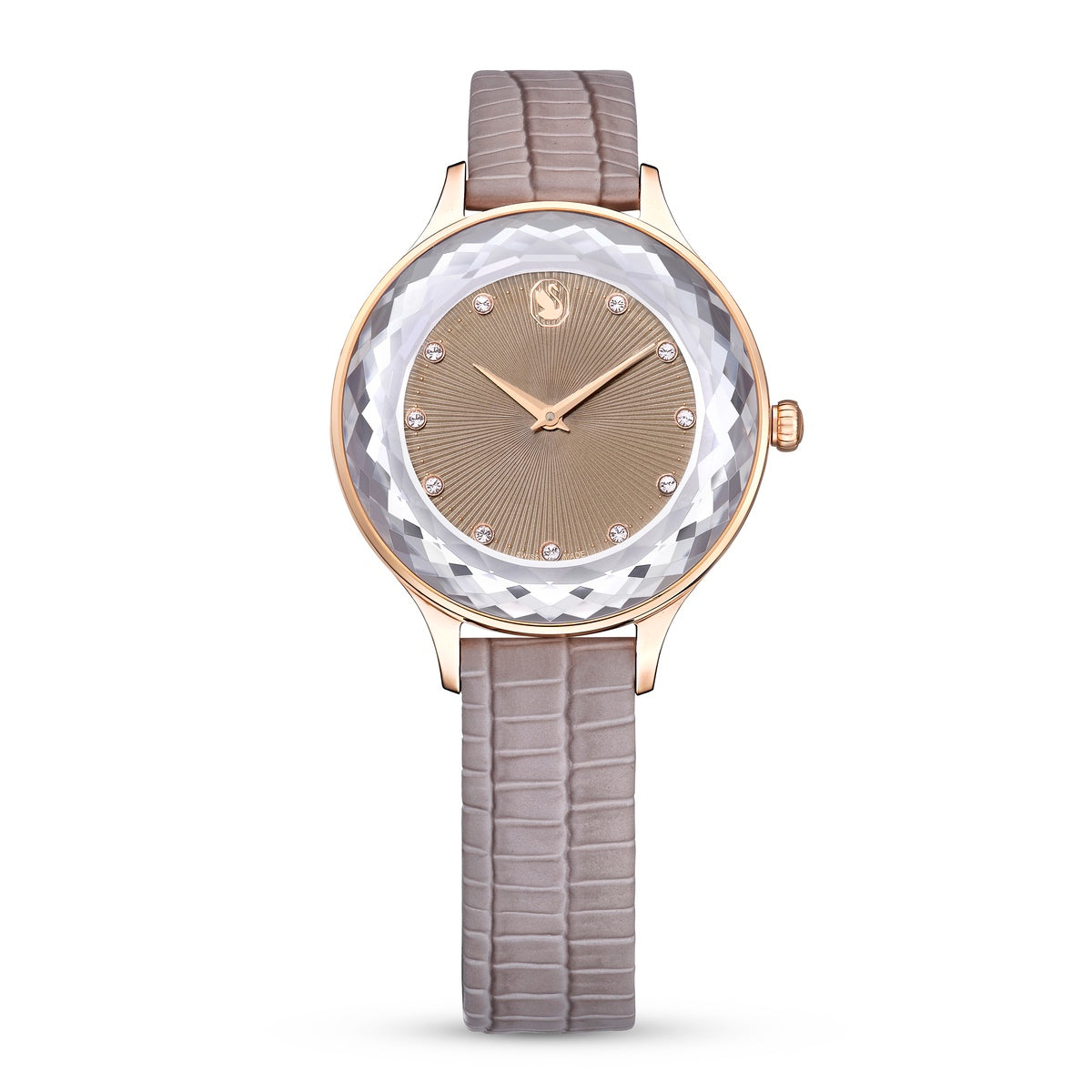 Swarovski Nova Swiss Made watch with beige leather strap and rose gold-tone finish, showcasing the elegant dial and sleek design.
