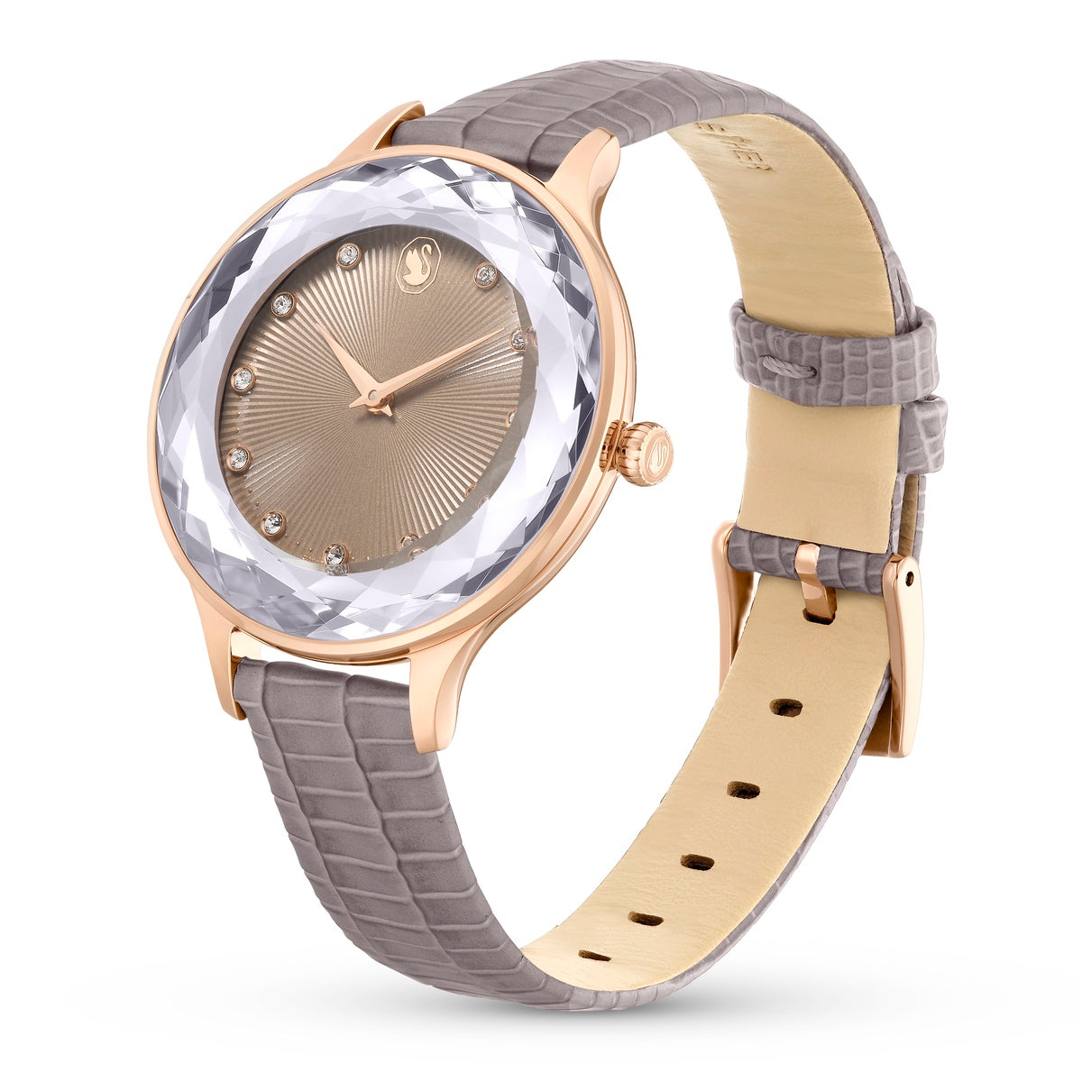 Swarovski Nova Swiss Made watch with beige leather strap and rose gold-tone finish on the dial and case.
