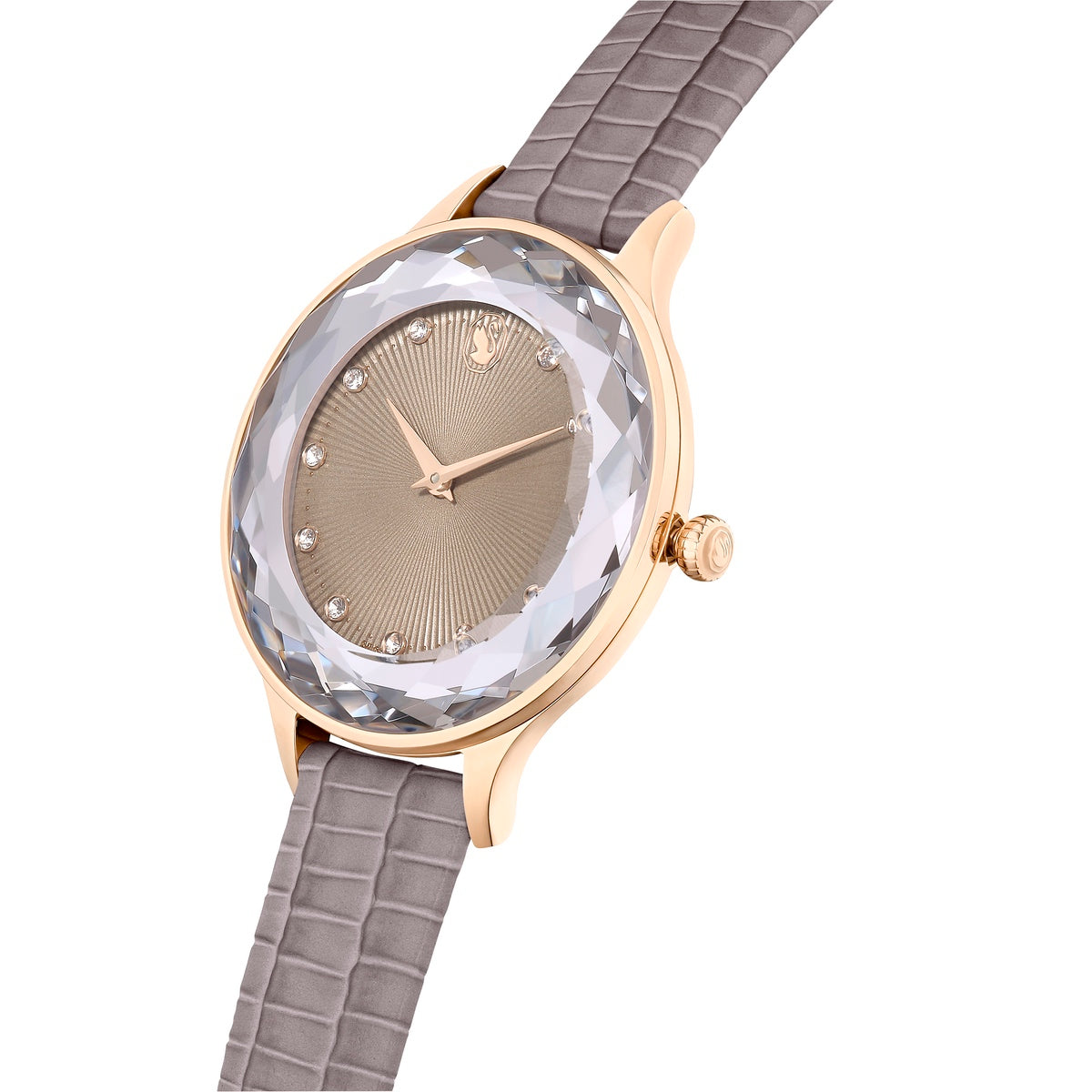 Swarovski Nova Swiss Made watch with beige leather strap and rose gold-tone finish, showcasing a stylish and elegant timepiece.