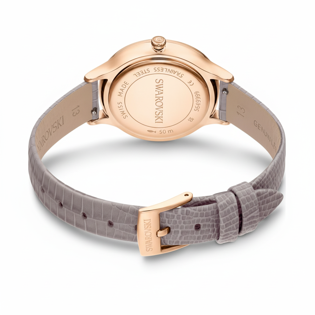 Swarovski Nova Swiss Made watch with beige leather strap and rose gold-tone finish, showcasing elegant timepiece details