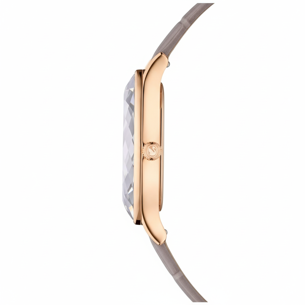 Swarovski Nova Swiss Made watch with beige leather strap and rose gold-tone finish, featuring a sleek, elegant design.