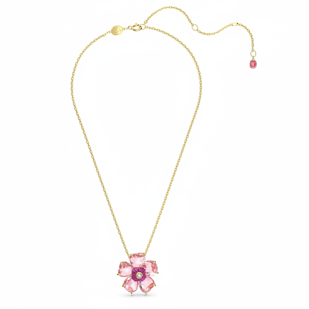 Pink Swarovski Idyllia Necklace with gold-tone plated flower pendant, featuring sparkling crystal details.
