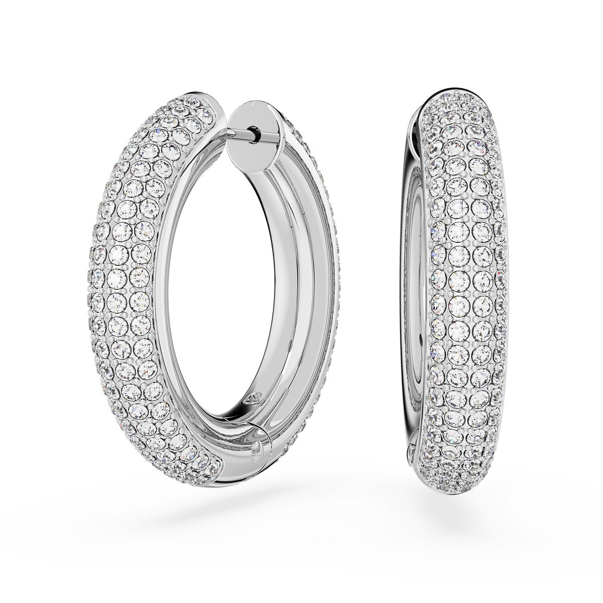 Swarovski Dextera medium hoop earrings in white with rhodium plating, featuring elegant, polished jewelry design.