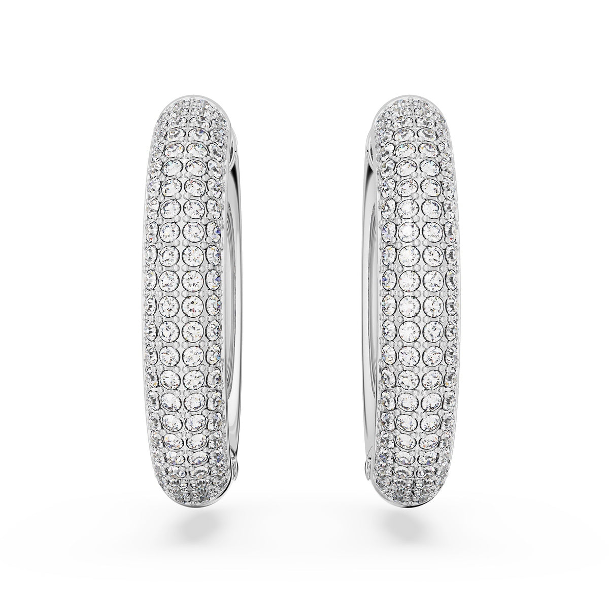 Swarovski Dextera medium hoop earrings in white with rhodium plating, showcasing elegant, shiny jewelry design.
