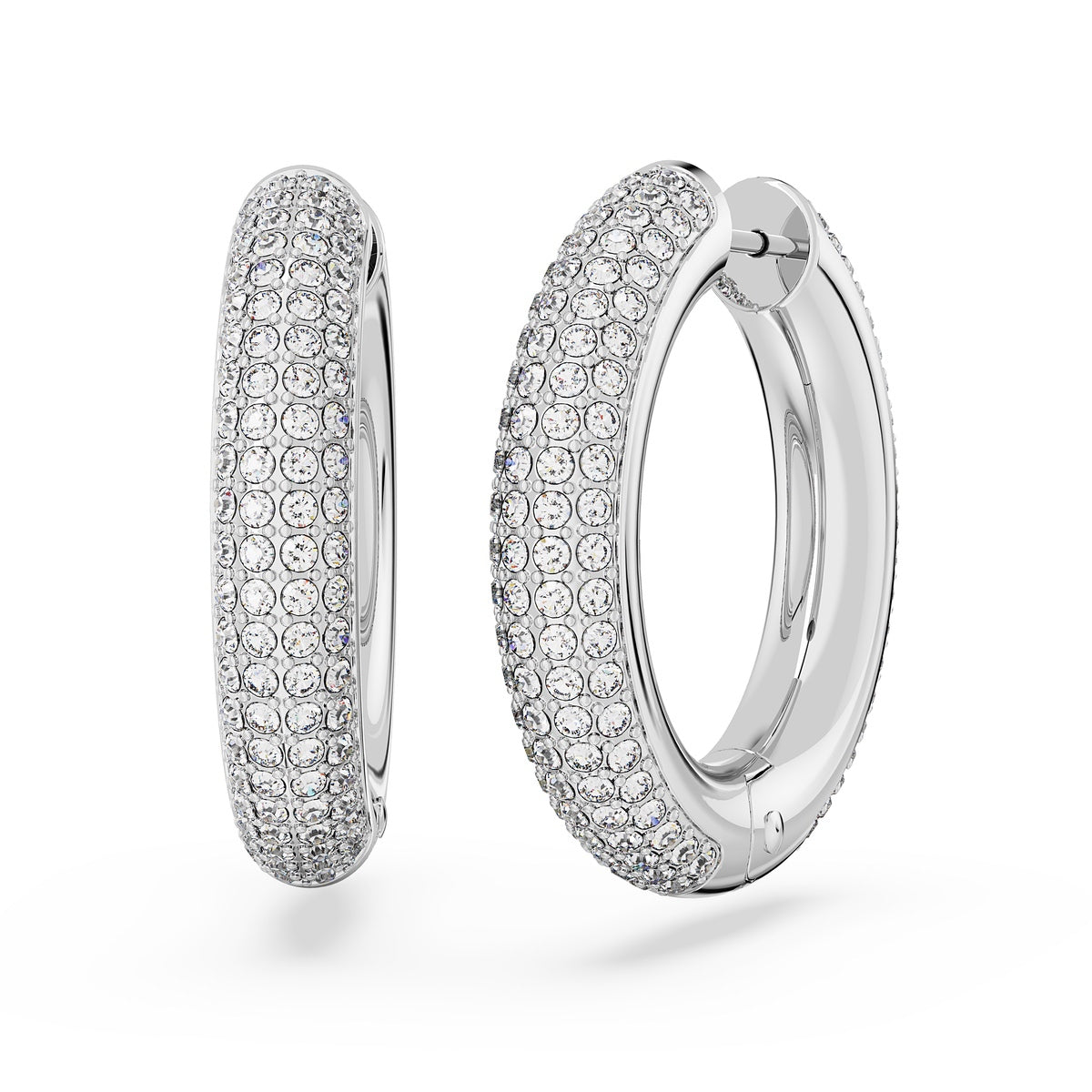 Swarovski Dextera medium hoop earrings with white crystals and rhodium plating, showcasing elegant, sparkling jewelry design.