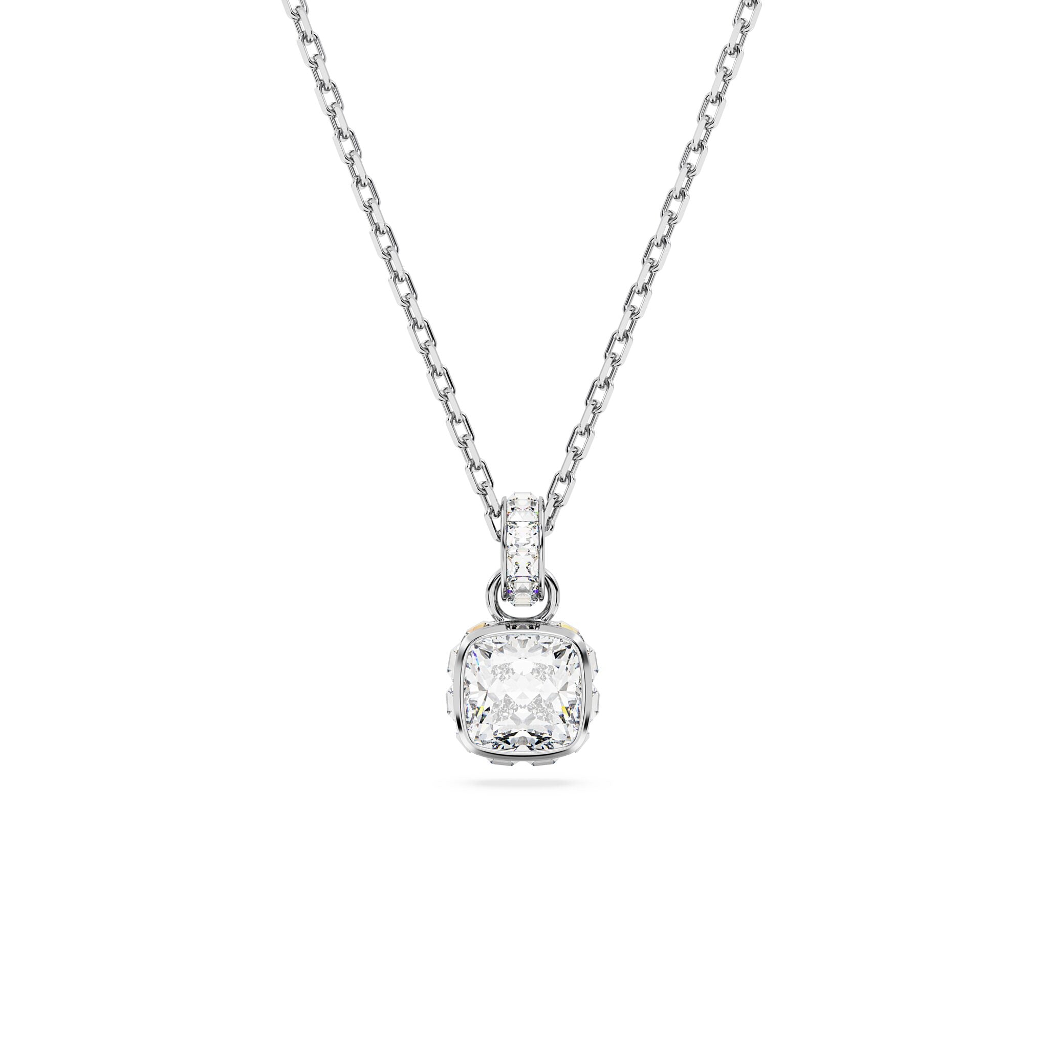 Swarovski April birthstone pendant with square-cut white crystal, rhodium-plated, showcasing elegant jewelry design.