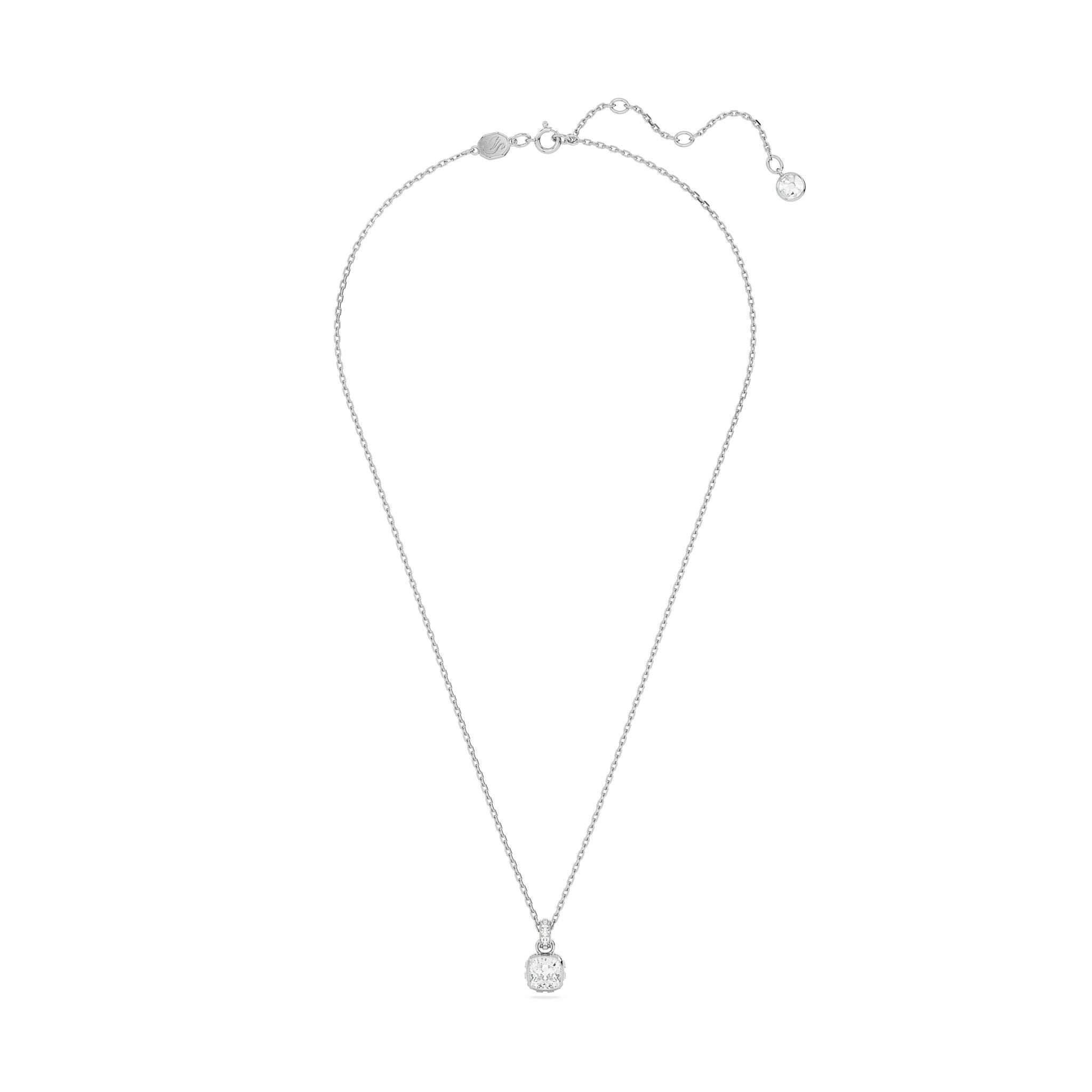 Swarovski April birthstone pendant with square-cut white crystal, rhodium-plated, showcasing a sparkling, elegant jewelry piece.