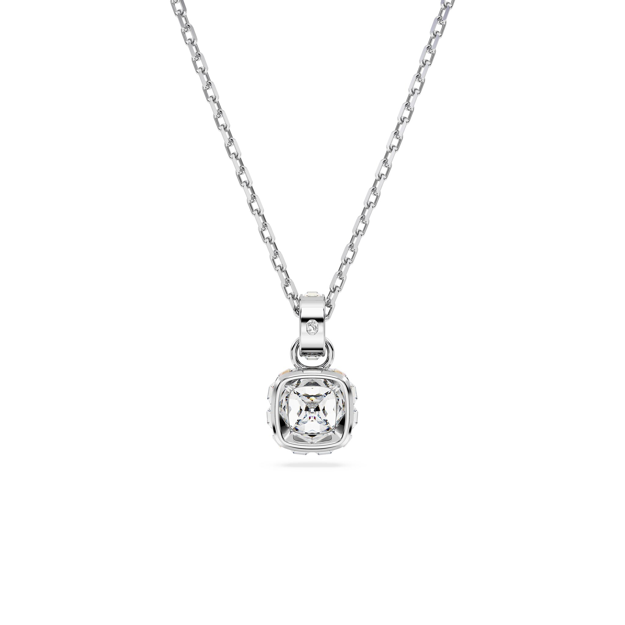 Swarovski April birthstone pendant with square white crystal, rhodium-plated jewelry piece featuring a sparkling design.