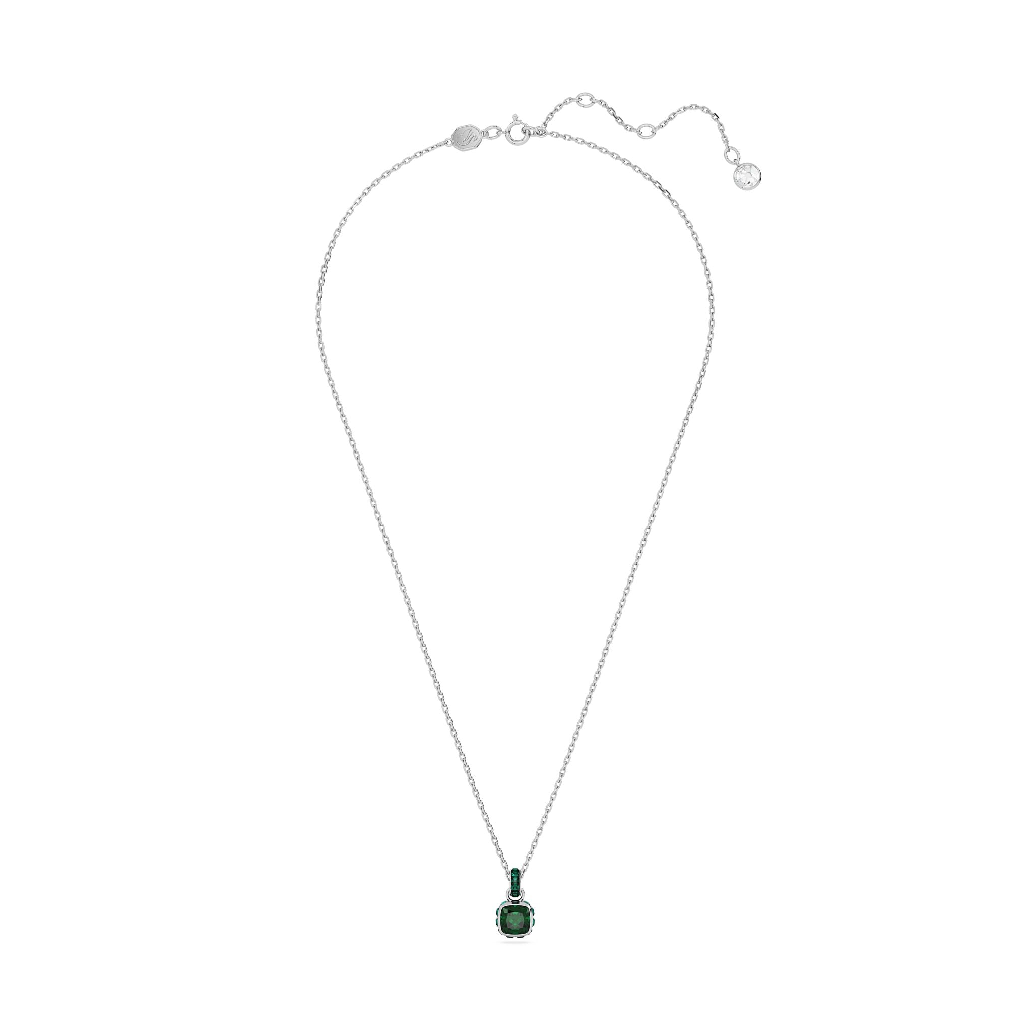 Swarovski May birthstone pendant with square green crystal, rhodium-plated silver jewelry, showcasing a sparkling gemstone design.
