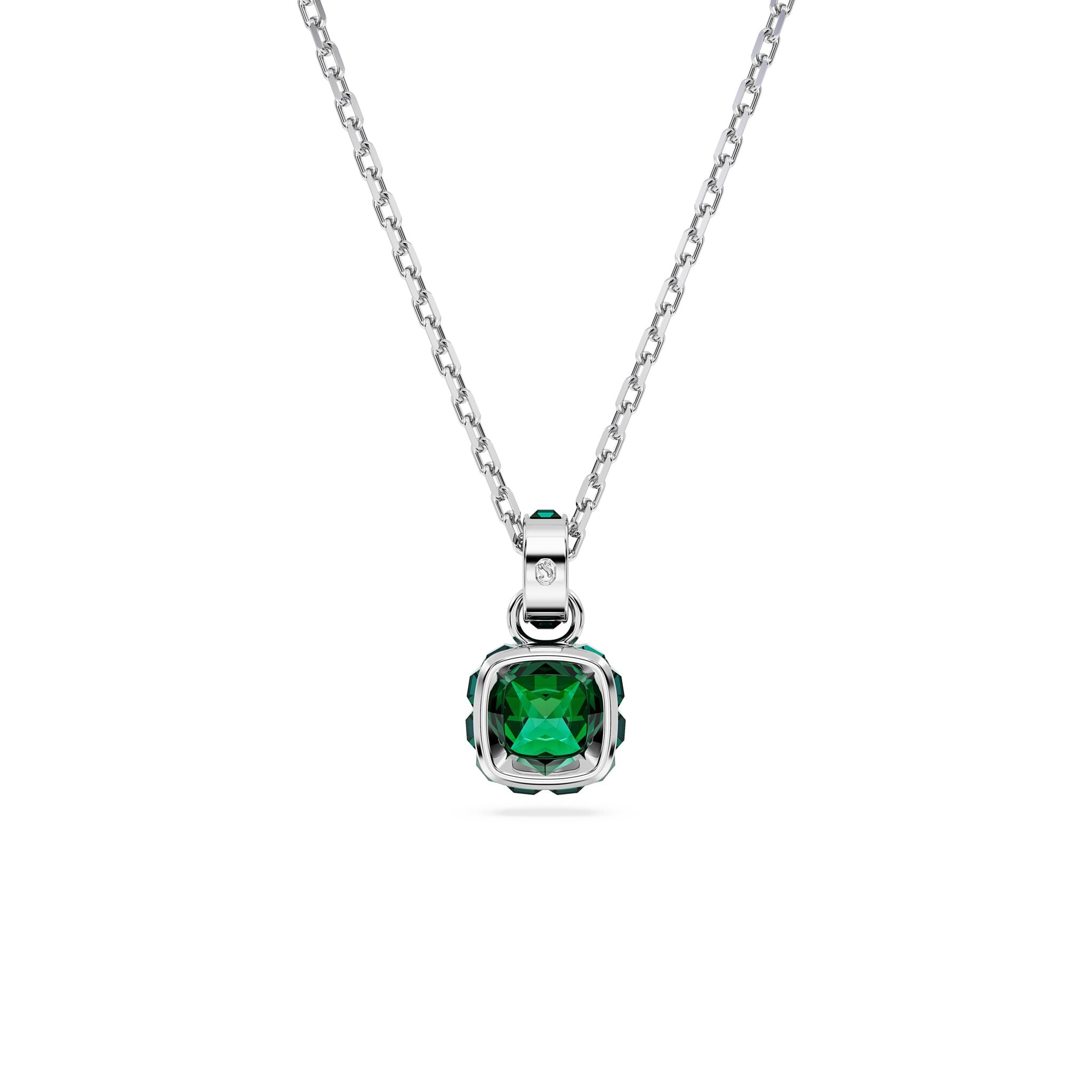 Swarovski May birthstone pendant with square green crystal, rhodium-plated jewelry piece featuring a sparkling gemstone.