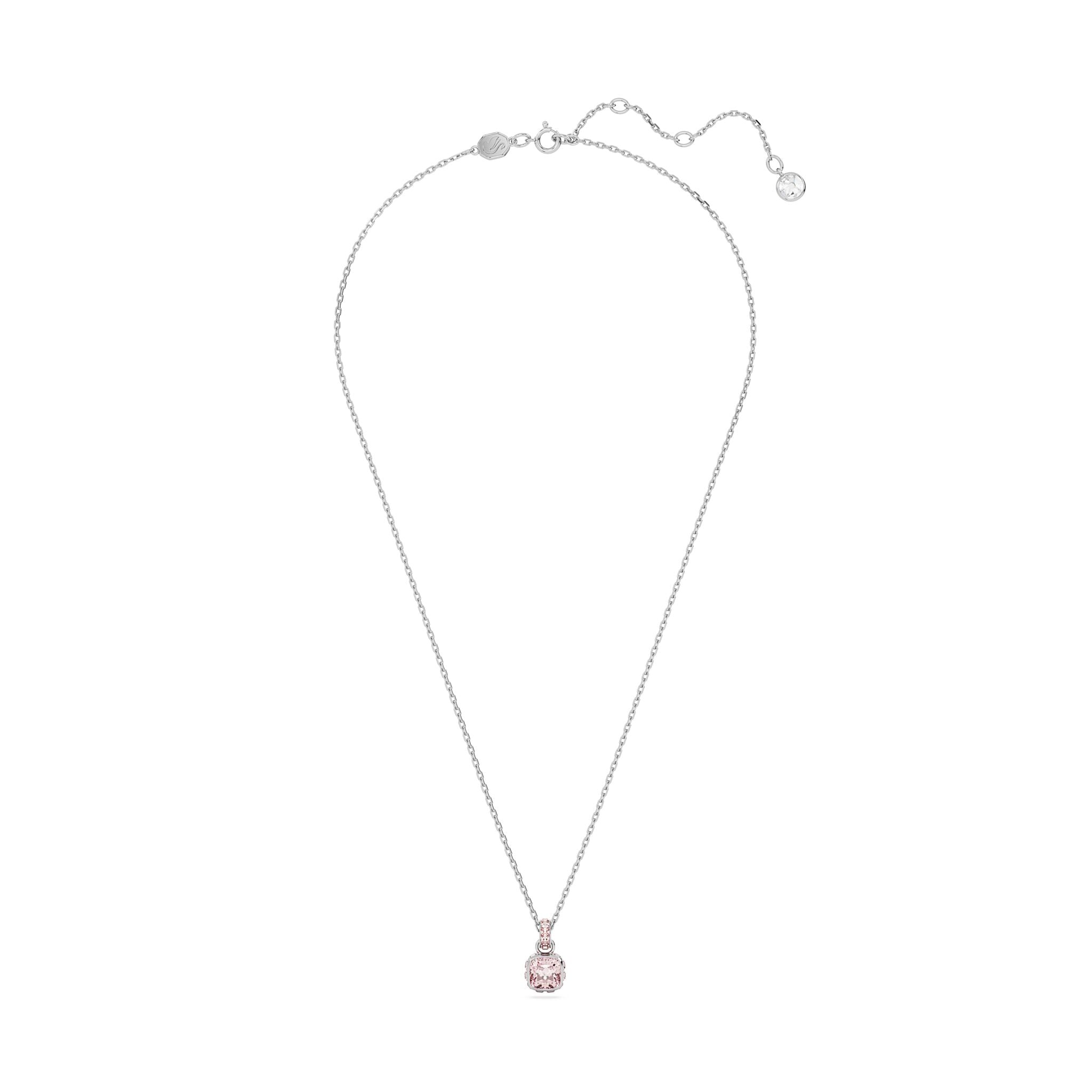 Swarovski pink June birthstone pendant with square cut crystal, rhodium-plated jewelry piece on a chain.