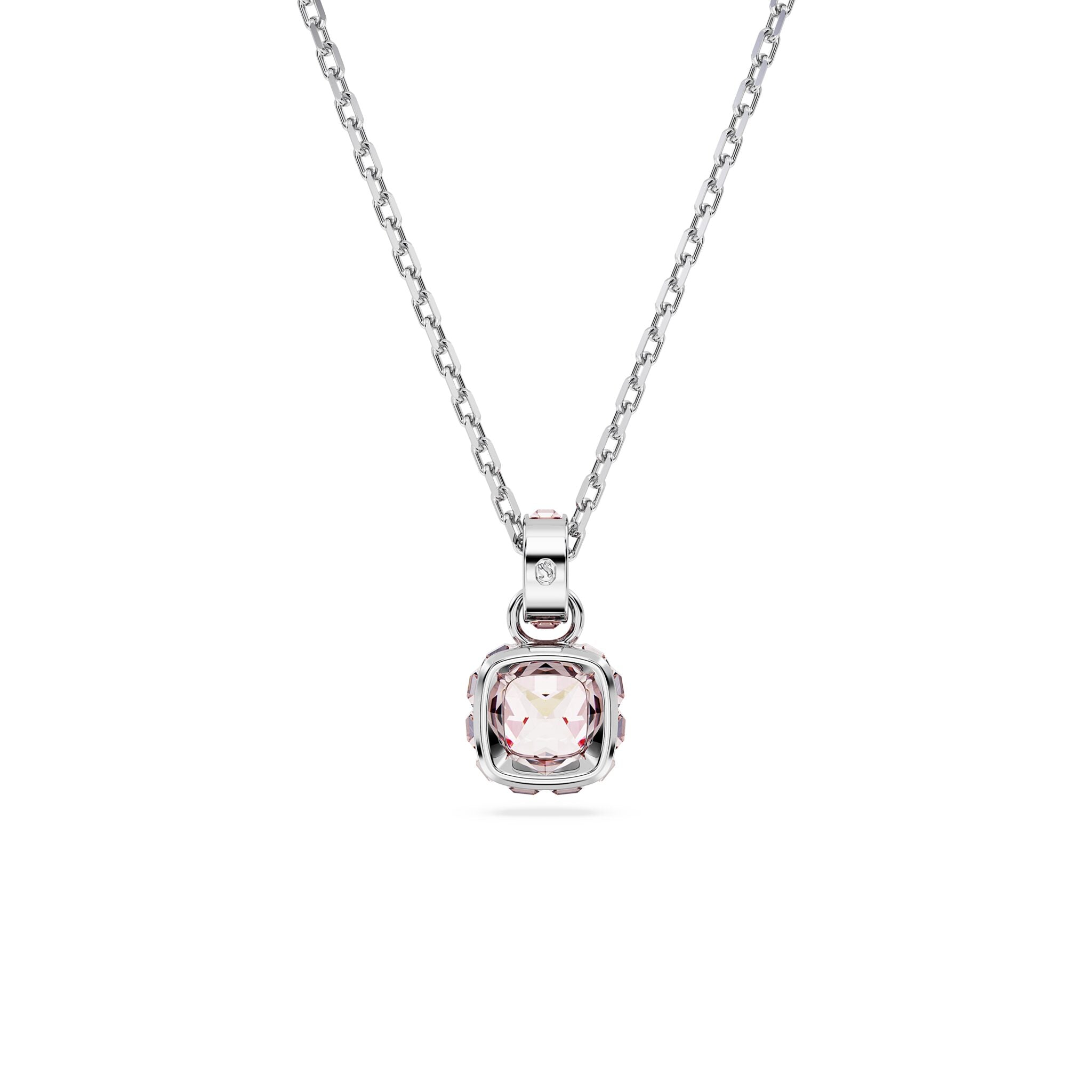 Swarovski June pink birthstone pendant with square cut pink crystal, rhodium plated jewelry piece on a chain.