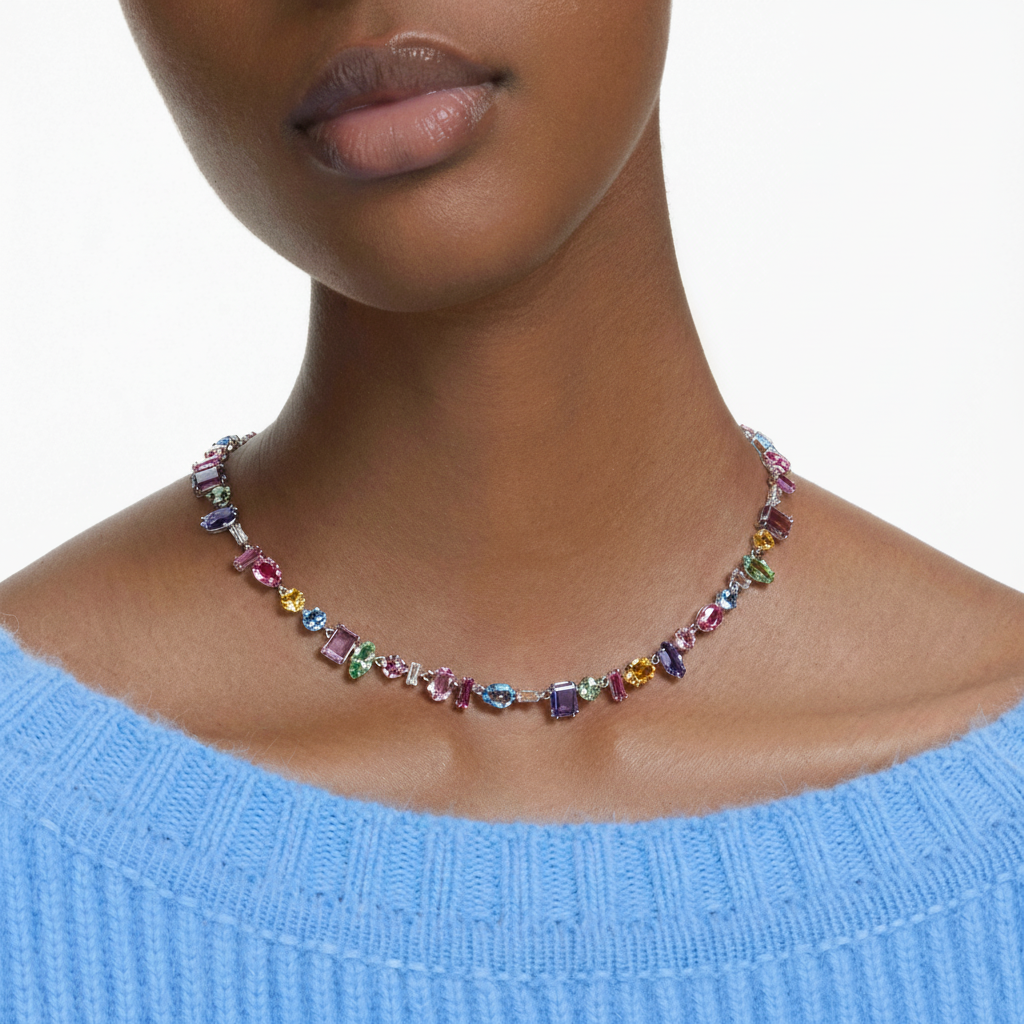 Swarovski Gema necklace with multicoloured mixed cut crystals and rhodium plating, showcasing a sparkling jewelry piece.