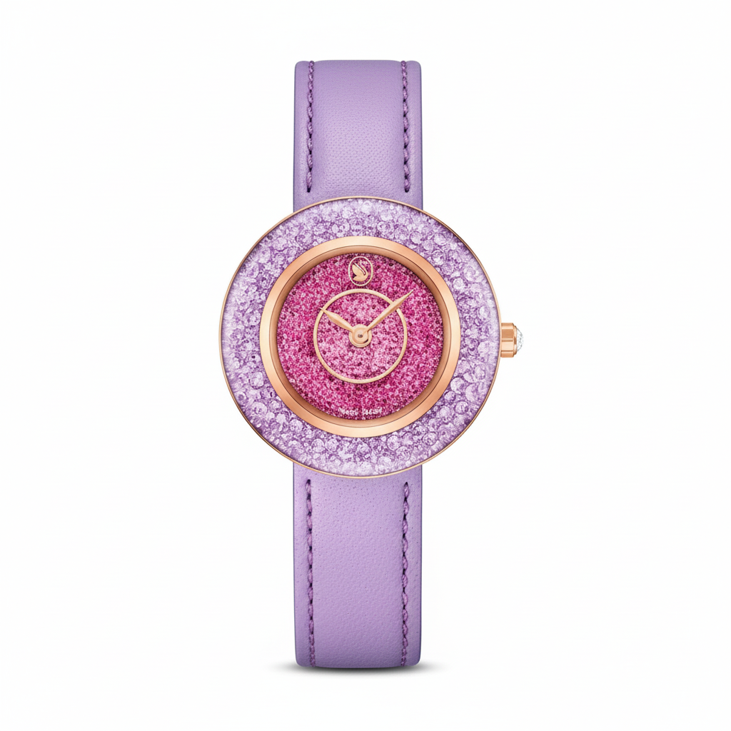 Swarovski Crystalline Lustre Swiss Made watch with purple leather strap and rose gold-tone finish.