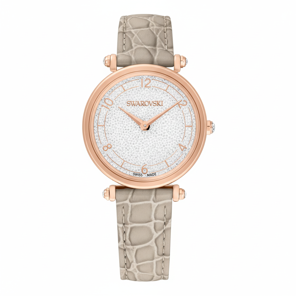 Swarovski Crystalline Wonder watch with Swiss Made movement, beige leather strap, rose gold-tone finish, and crystal accents.