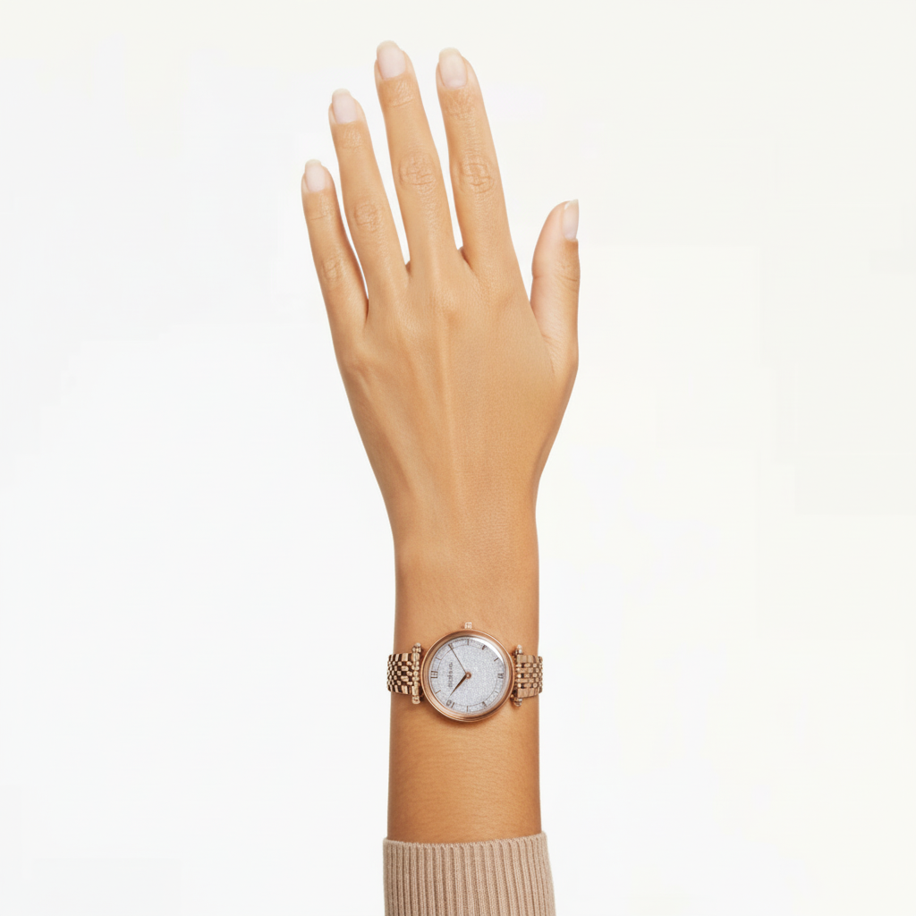 Swarovski Crystalline Wonder watch with rose gold-tone metal bracelet and finish, showcasing elegant design and sparkling crystal details.