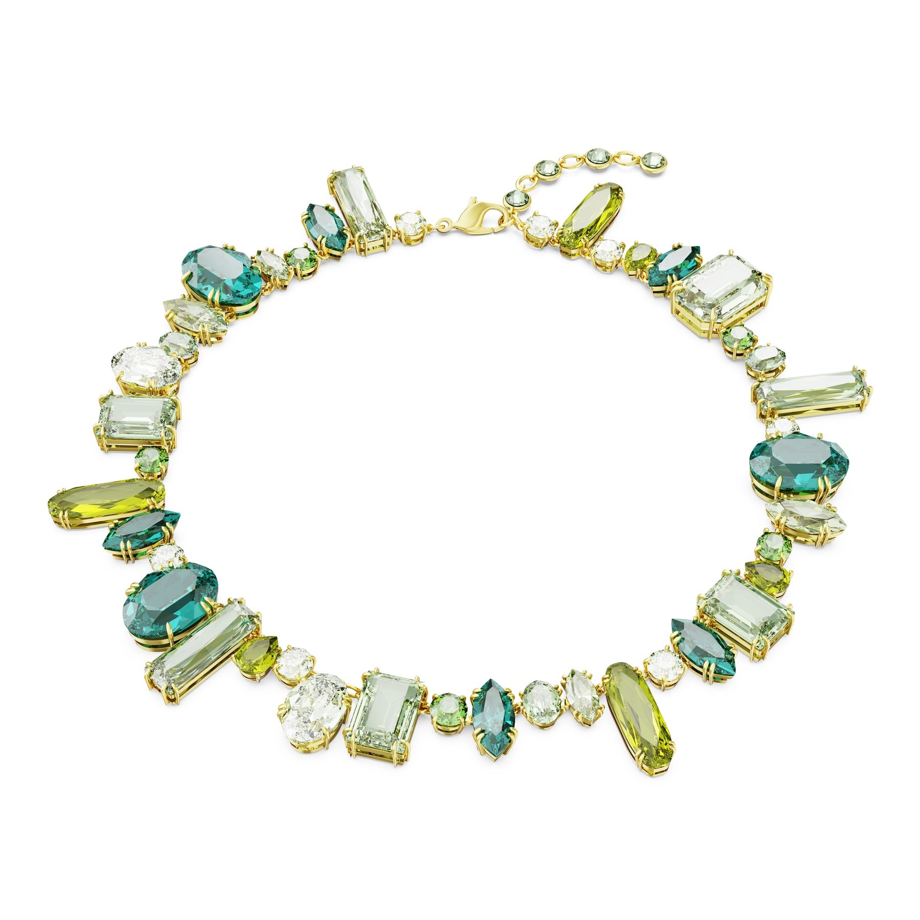 Bohemia Crystal Swarovski Gema necklace with mixed green cuts and gold-tone plating, featuring a sparkling crystal design.