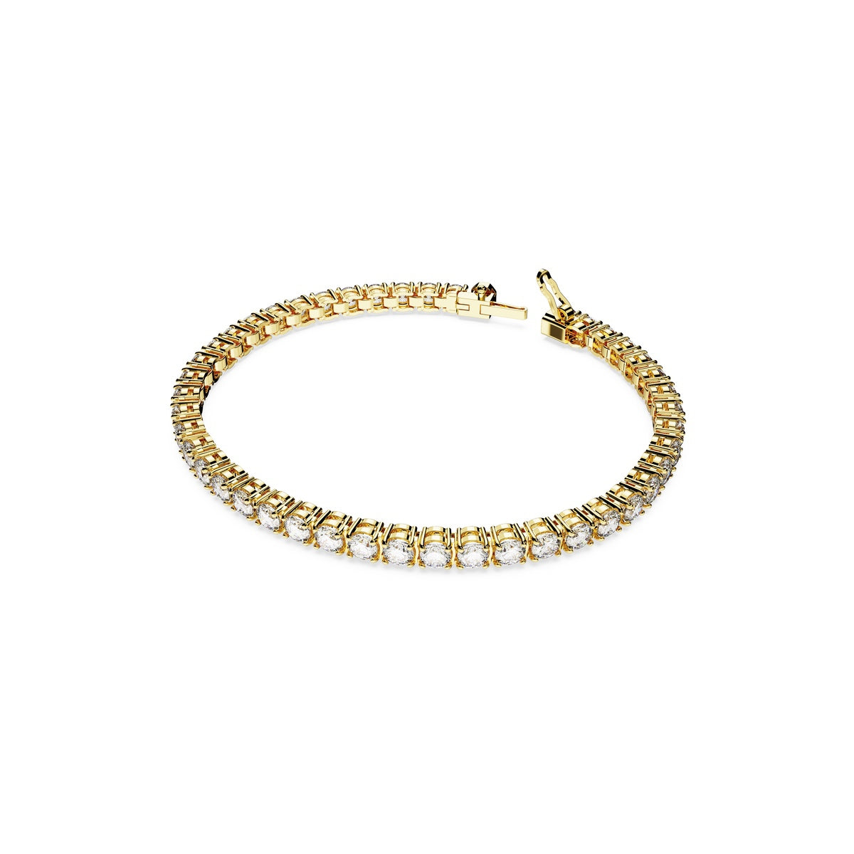Swarovski Matrix tennis bracelet with round cut white crystals, gold-tone plated, elegant jewelry piece on a white background