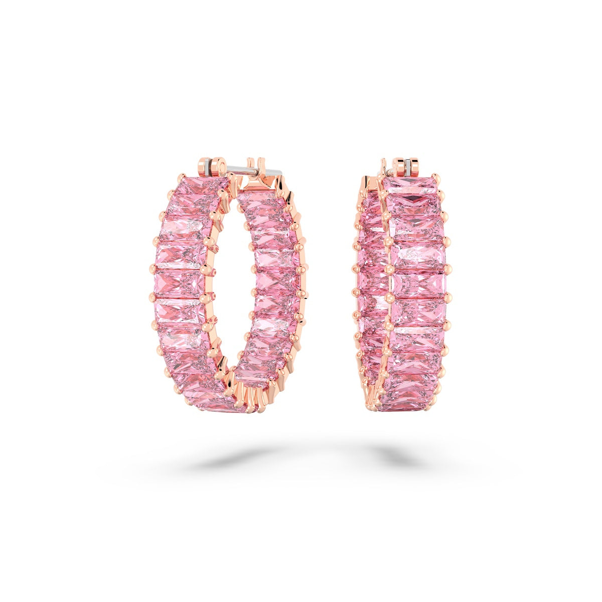 Swarovski Matrix hoop earrings with pink baguette-cut crystals in rose gold-tone plating on sterling silver hoops
