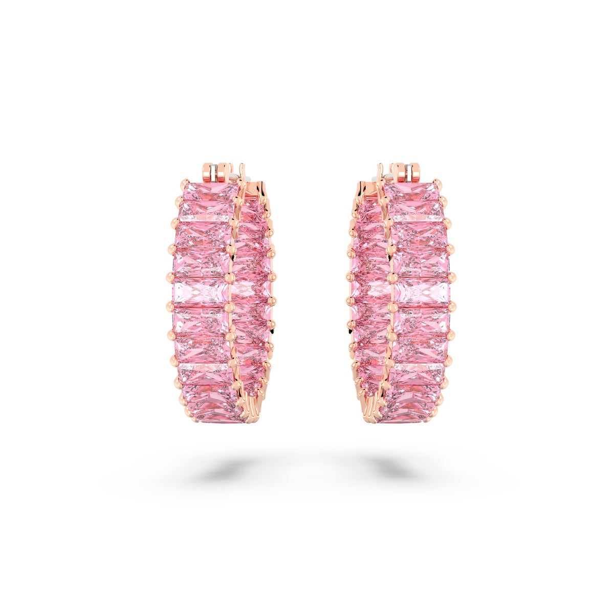 Swarovski Matrix hoop earrings with pink baguette-cut stones in rose gold-tone plating, showcasing elegant jewelry design