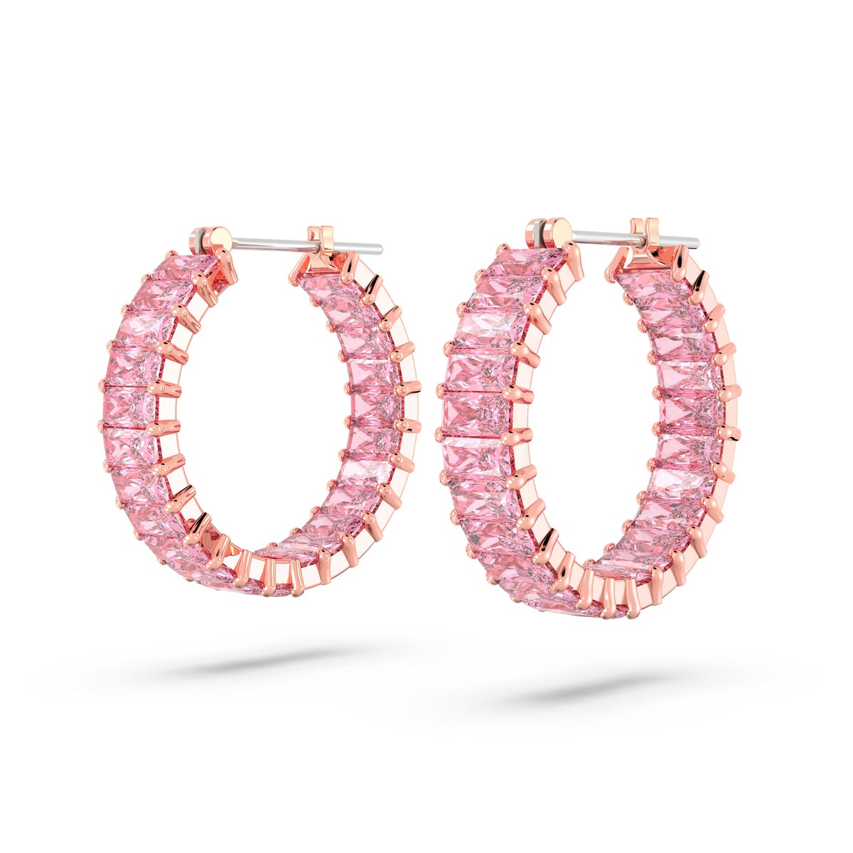 Swarovski pink rose gold-tone hoop earrings with baguette cut crystals, elegant jewelry accessory.