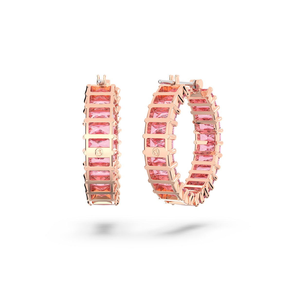 Swarovski Matrix hoop earrings with pink baguette-cut crystals and rose gold-tone plating, stylish and elegant jewelry accessory.