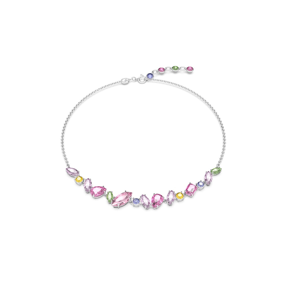 Swarovski Gema necklace with multicoloured mixed-cut crystals and rhodium plating, showcasing elegant gemstone jewelry.
