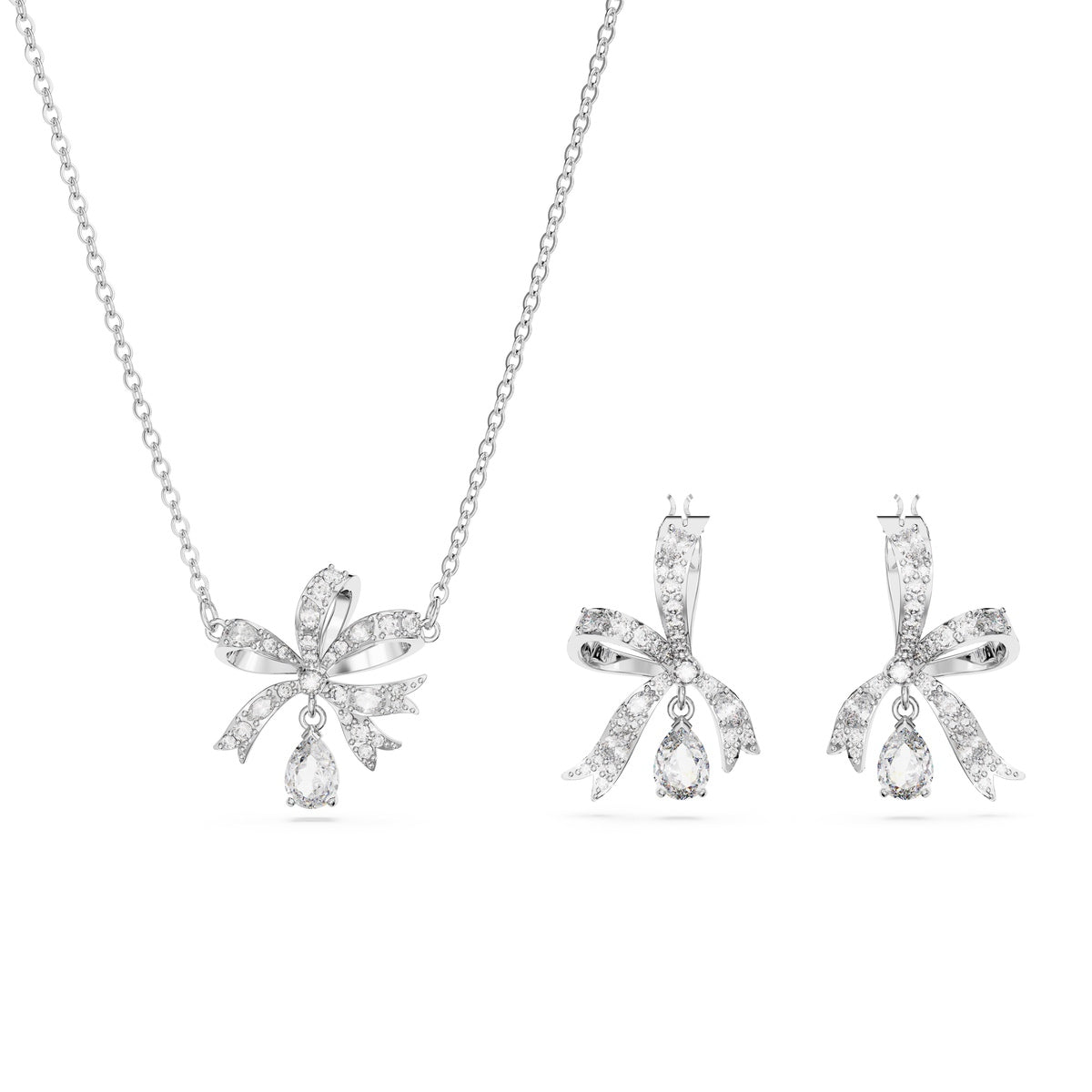 Swarovski Volta bow earrings and necklace set with white and rhodium plating, featuring sparkling crystal details.