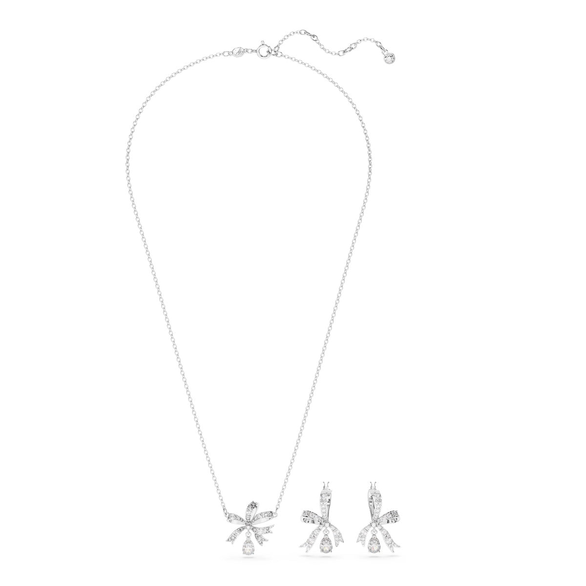 Swarovski Volta bow earring and necklace set with white and rhodium plating, featuring sparkling crystal accents and elegant design.