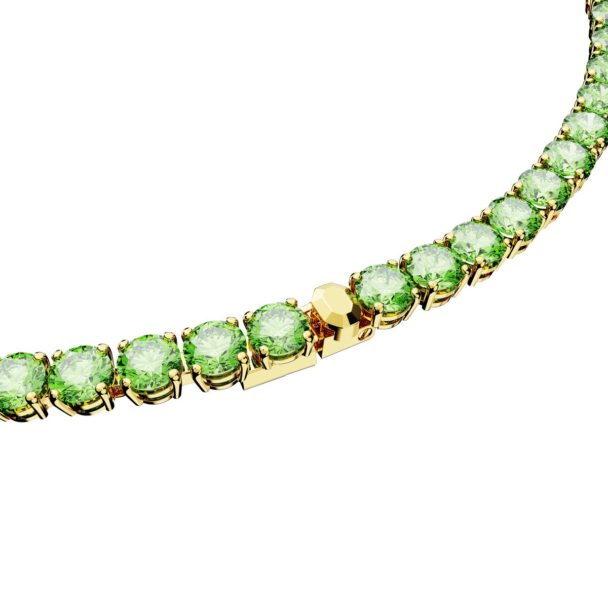 Swarovski Matrix tennis necklace with round cut green crystals and gold-tone plated chain, medium length, elegant jewelry piece.