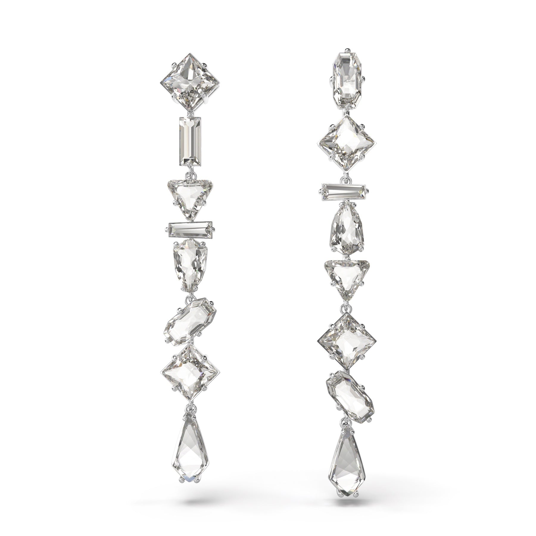 Swarovski Mesmera drop earrings with asymmetrical design, mixed cuts, long white rhodium plating, elegant jewelry accessory.