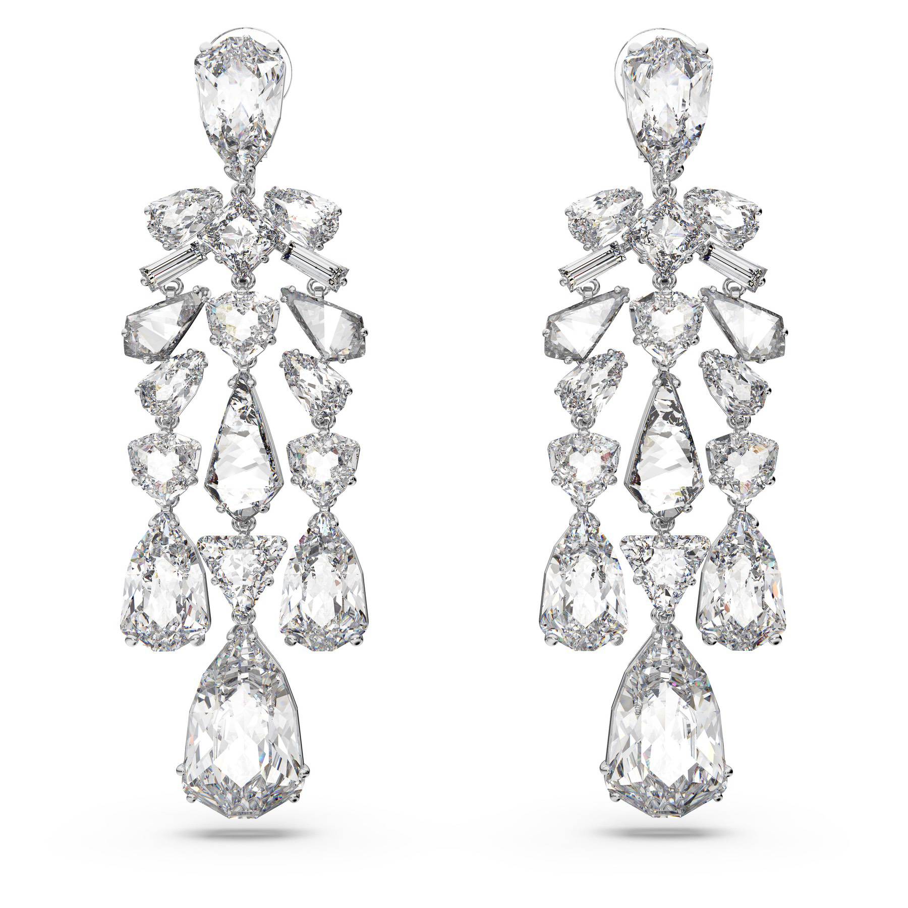 Swarovski Mesmera clip earrings with mixed cuts, chandelier style, white crystals, rhodium plated, elegant jewelry accessory