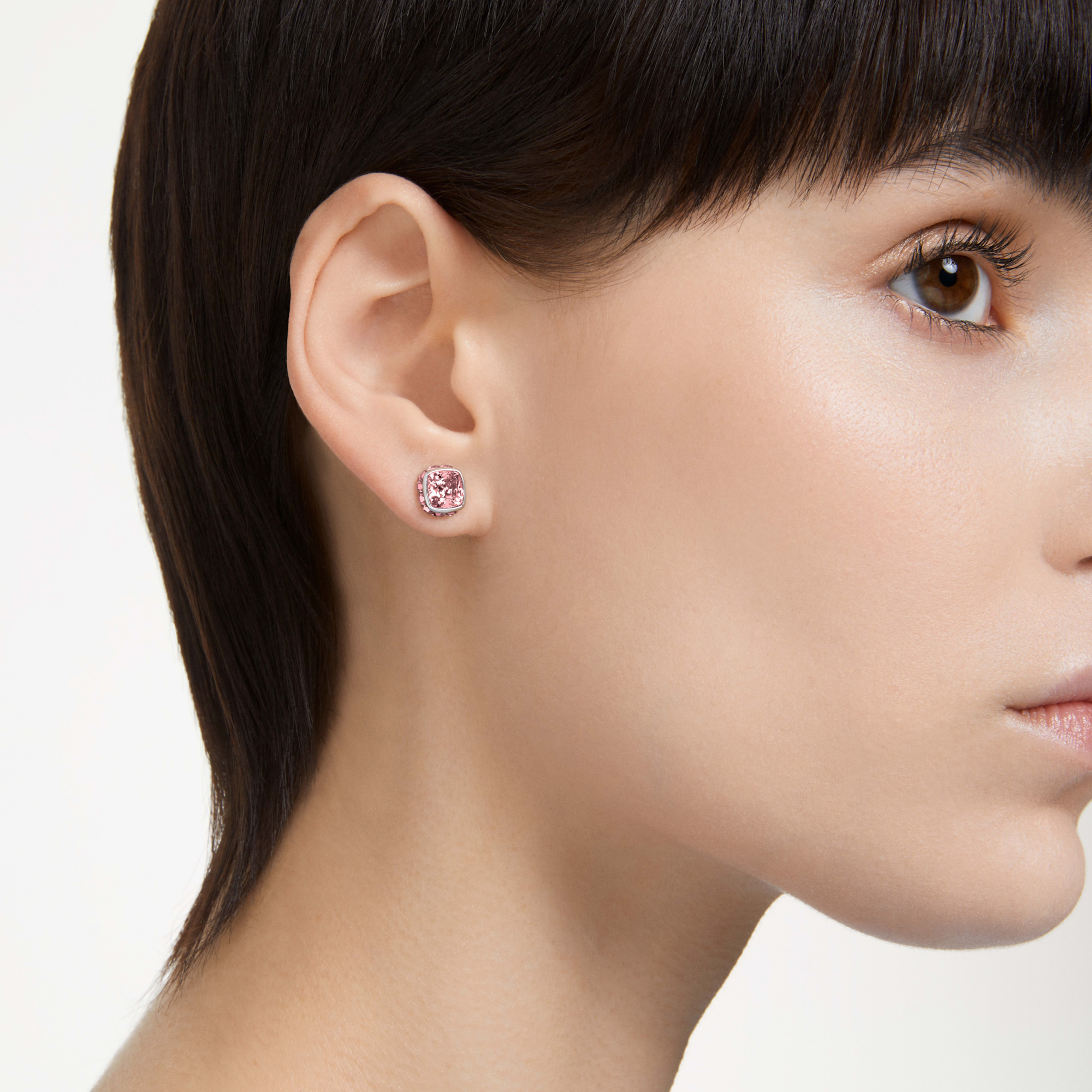Swarovski October birthstone stud earrings with square-cut pink crystals, rhodium-plated, jewelry for women