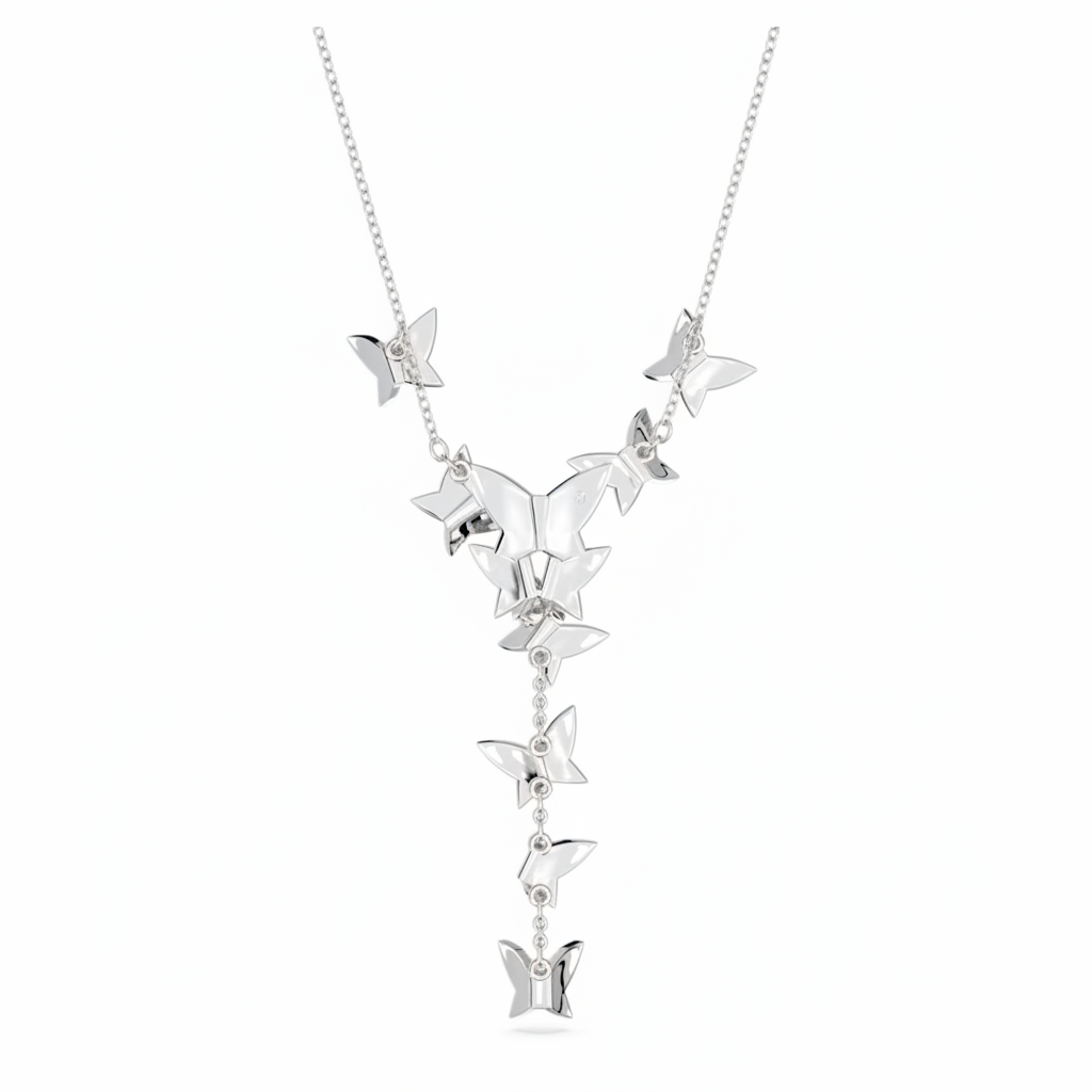 Swarovski Idyllia Lilia Y necklace with butterfly design, blue stones, rhodium-plated chain and pendant, elegant jewelry piece