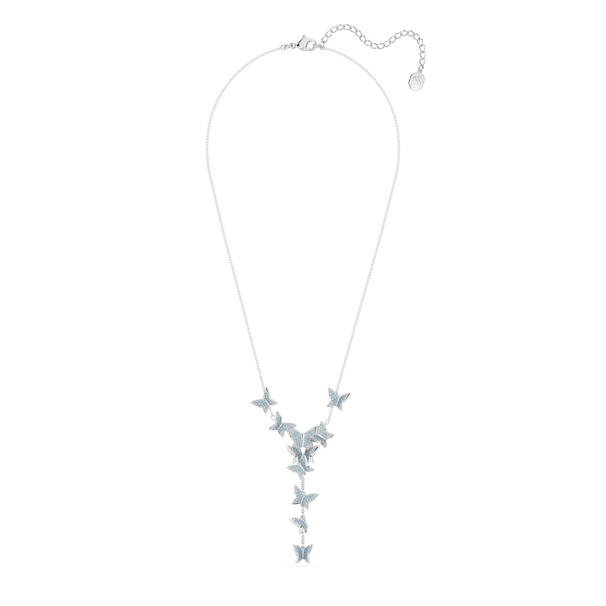 Swarovski Idyllia Lilia Y necklace with blue butterfly pendant, rhodium-plated, showcasing elegant jewelry design.
