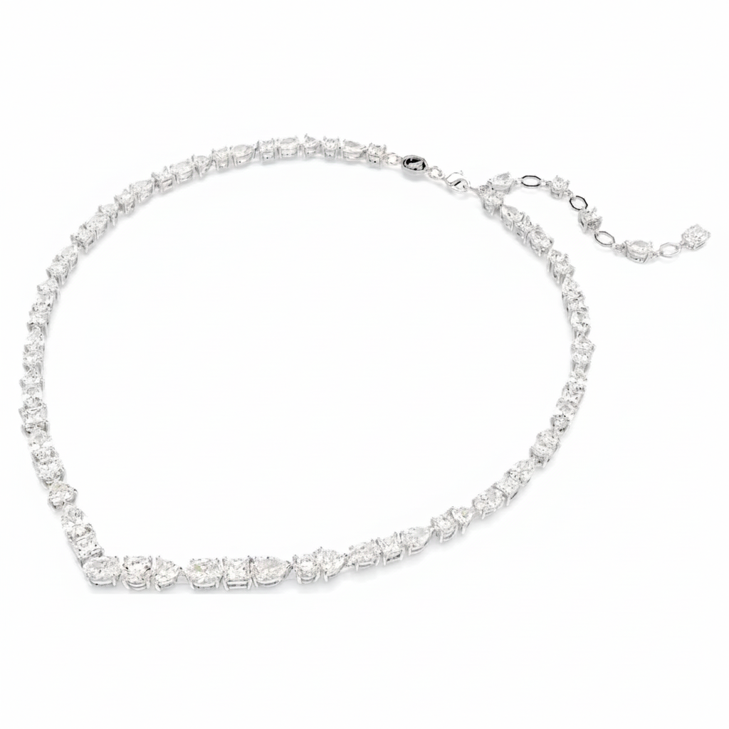 Swarovski Mesmera necklace with mixed cut white crystals, rhodium-plated chain and elegant design.
