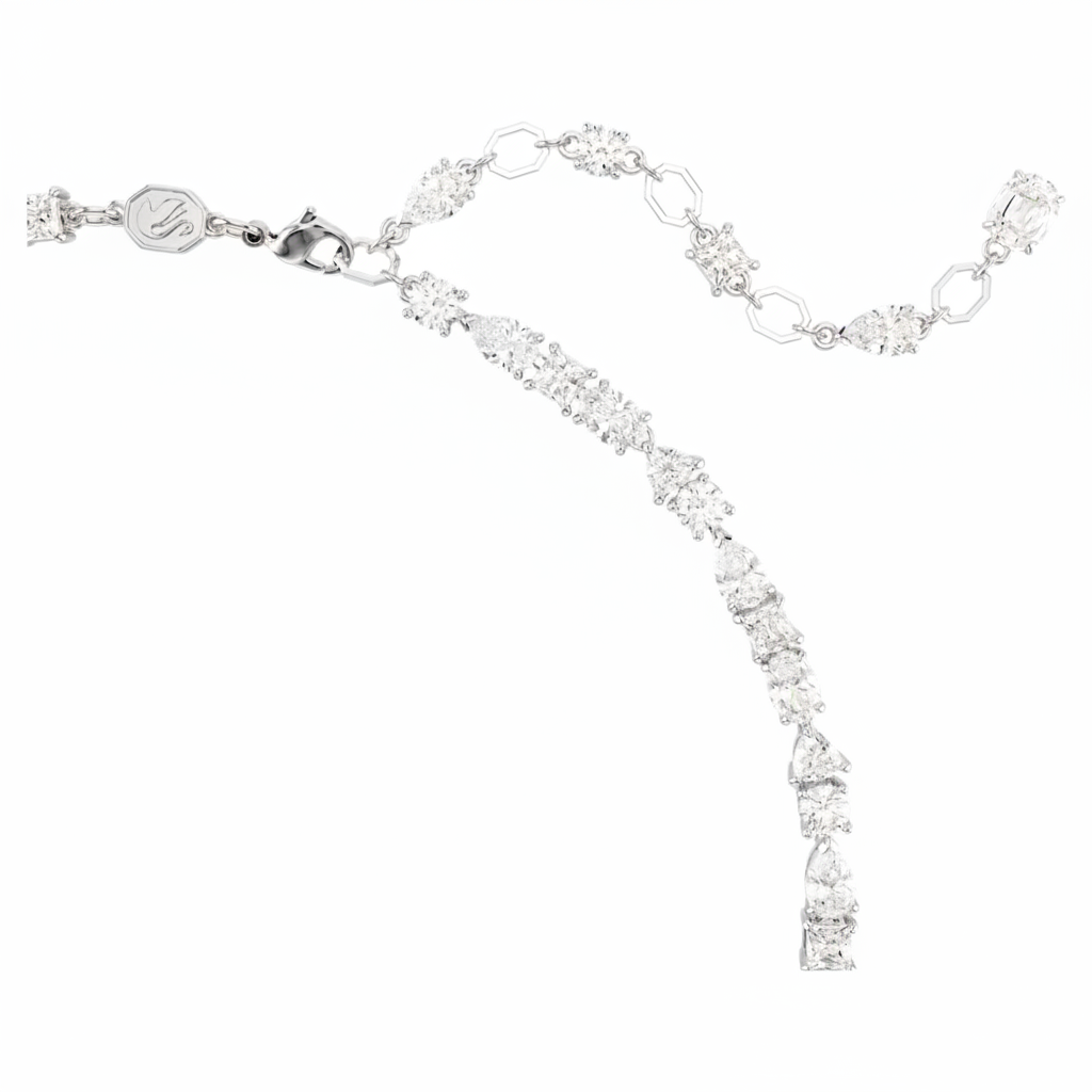 Swarovski Mesmera necklace with mixed cut white crystals and rhodium plating, showcasing elegant jewelry design.