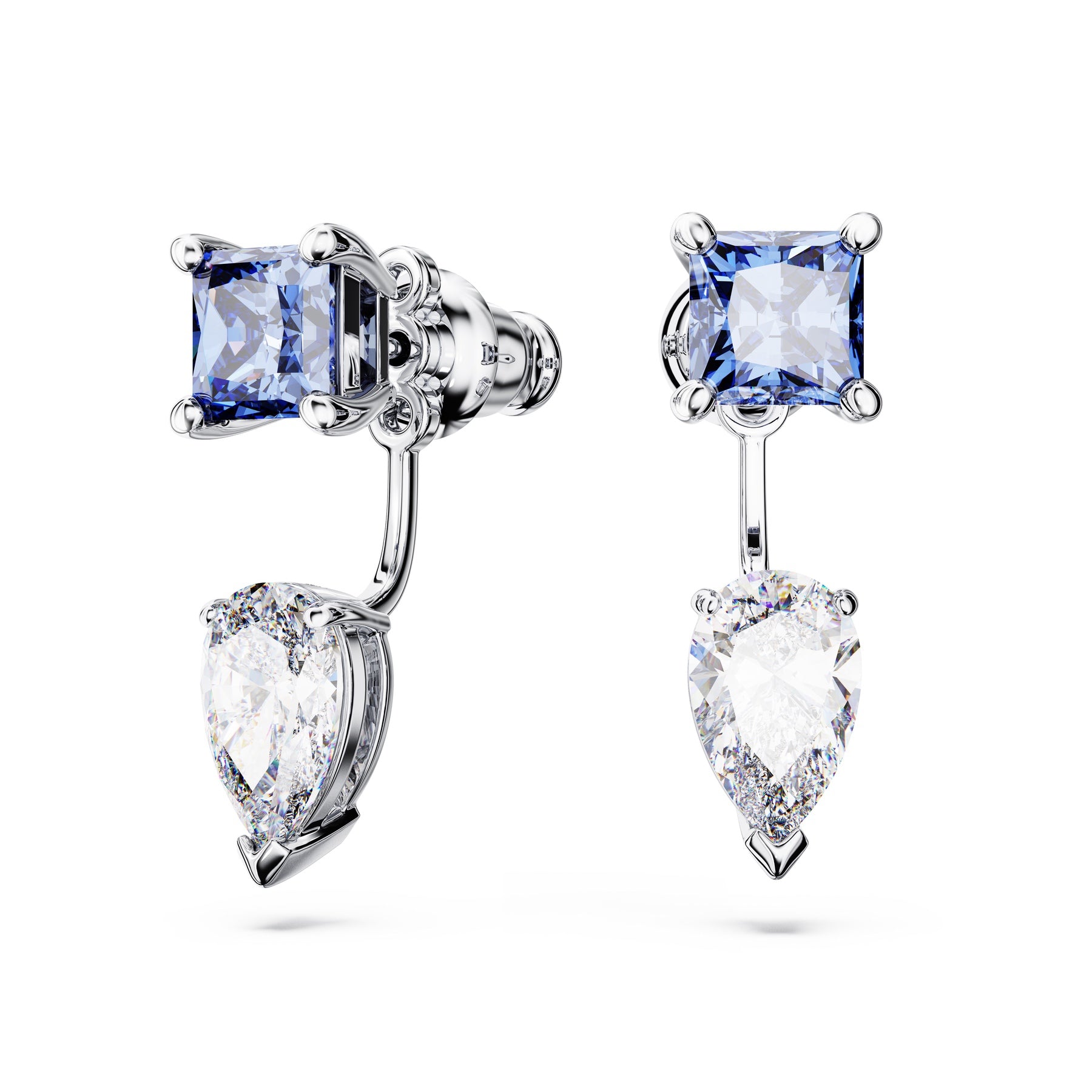 Swarovski Mesmera earring jackets with mixed cuts, blue color, detachable design, rhodium plated for elegant style.