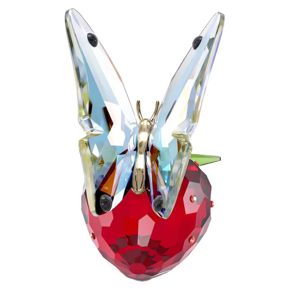Swarovski Idyllia butterfly and strawberry crystal figurine with detailed, sparkling design on clear crystal base
