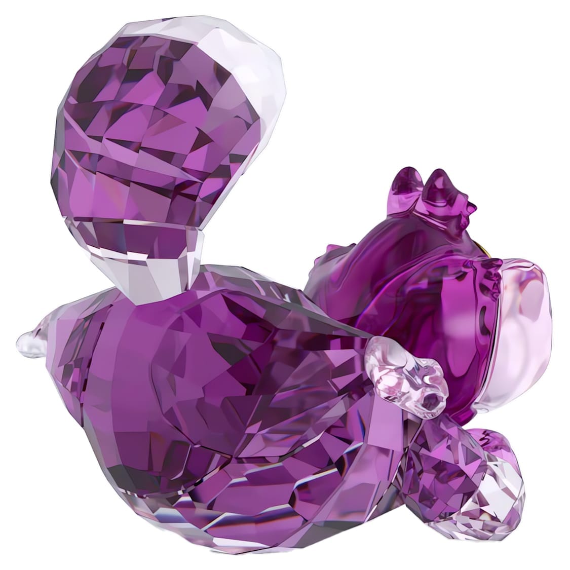 Swarovski Alice in Wonderland Cheshire Cat figurine with vibrant pink and purple crystals, detailed feline design, sparkling accents.