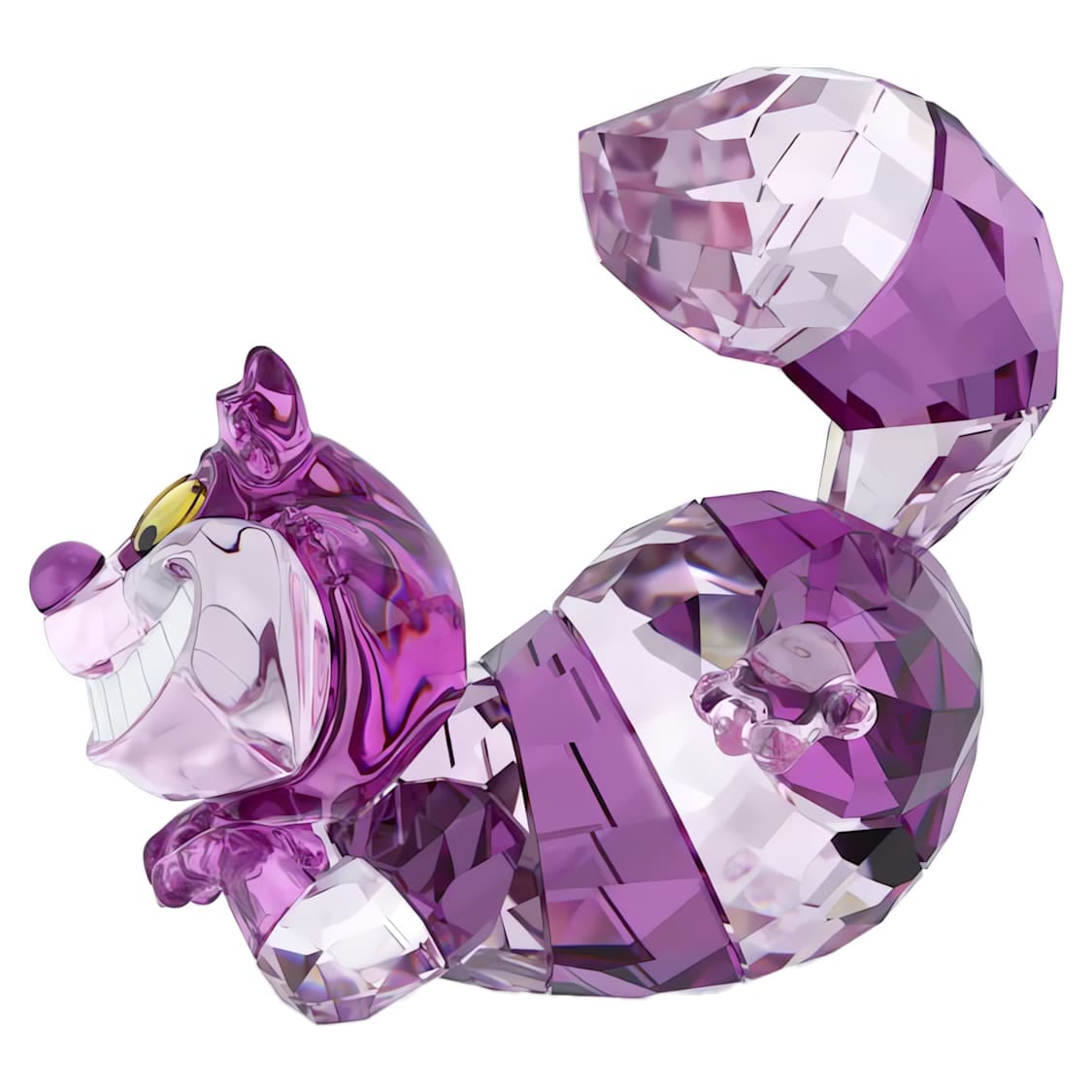 Swarovski Alice in Wonderland Cheshire Cat crystal figurine with purple and pink hues, detailed craftsmanship, and sparkling finish.