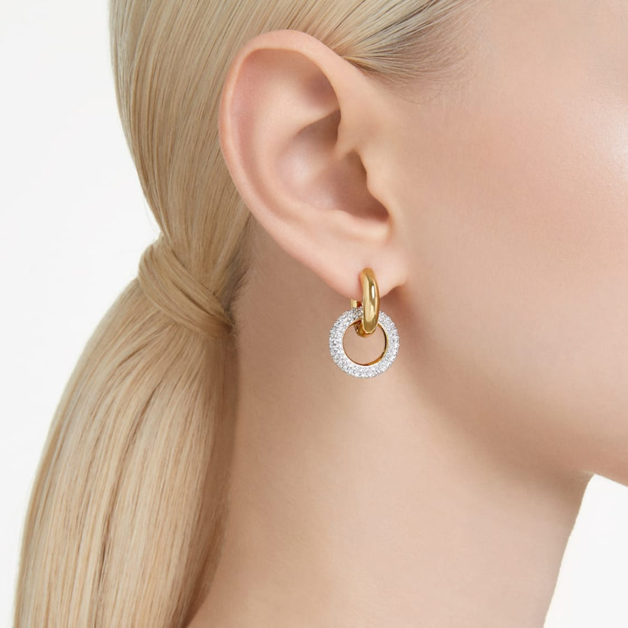 Swarovski Dextera hoop earrings with asymmetrical interlocking loops in white and gold-tone plating.
